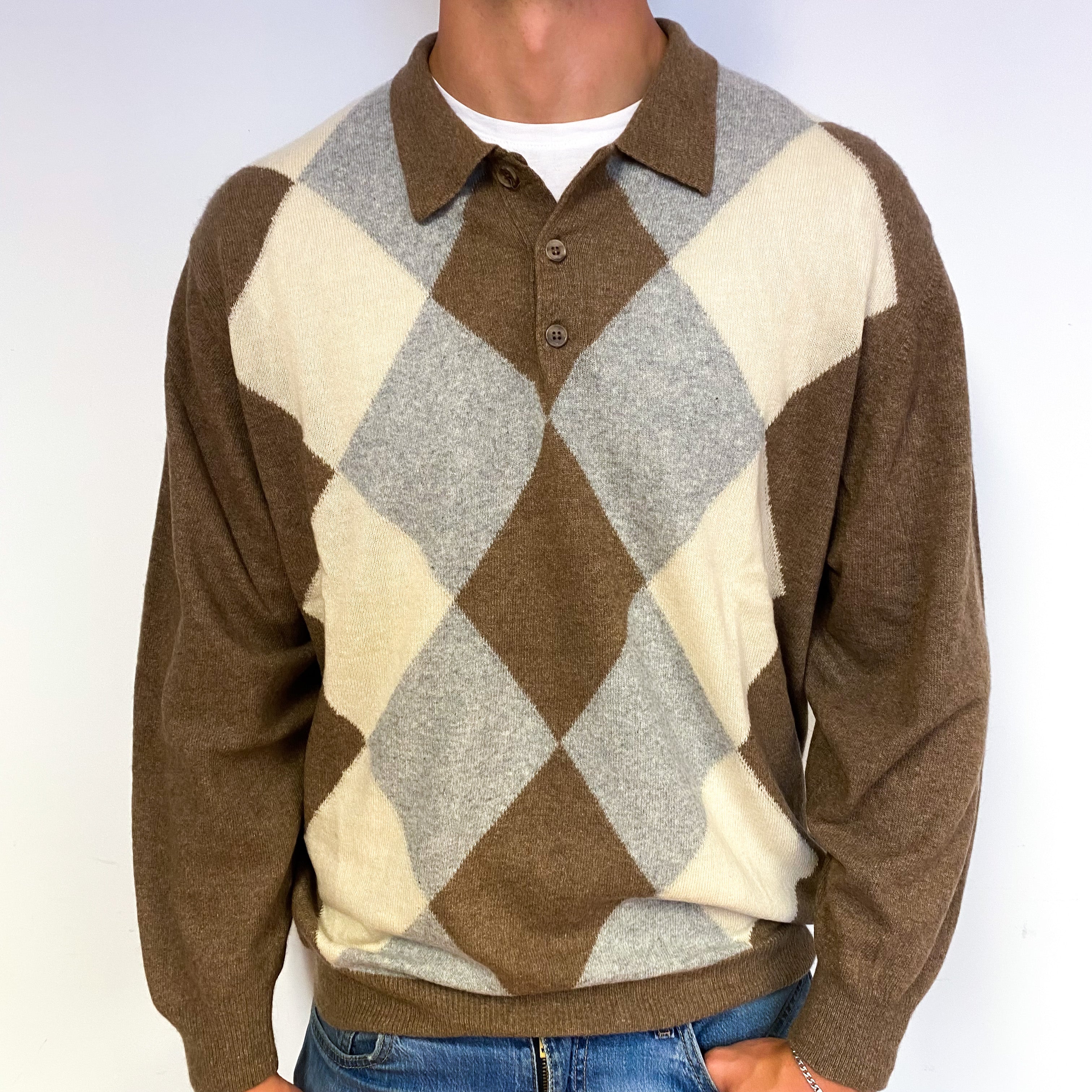 Men's Cream and Grey Diamond Cashmere Quarter Button Jumper XXL