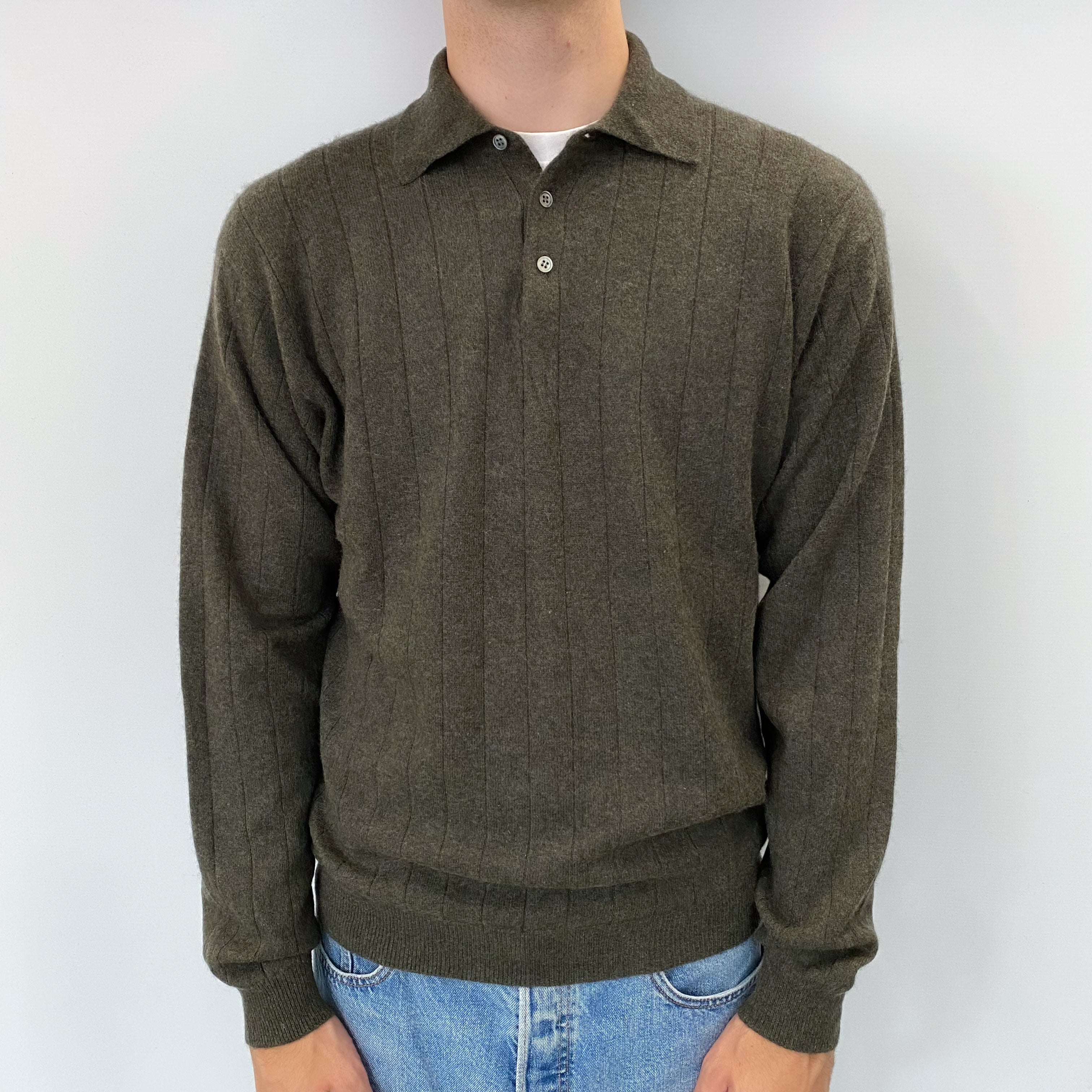 Men's Khaki Green Cashmere Quarter Button Jumper Large
