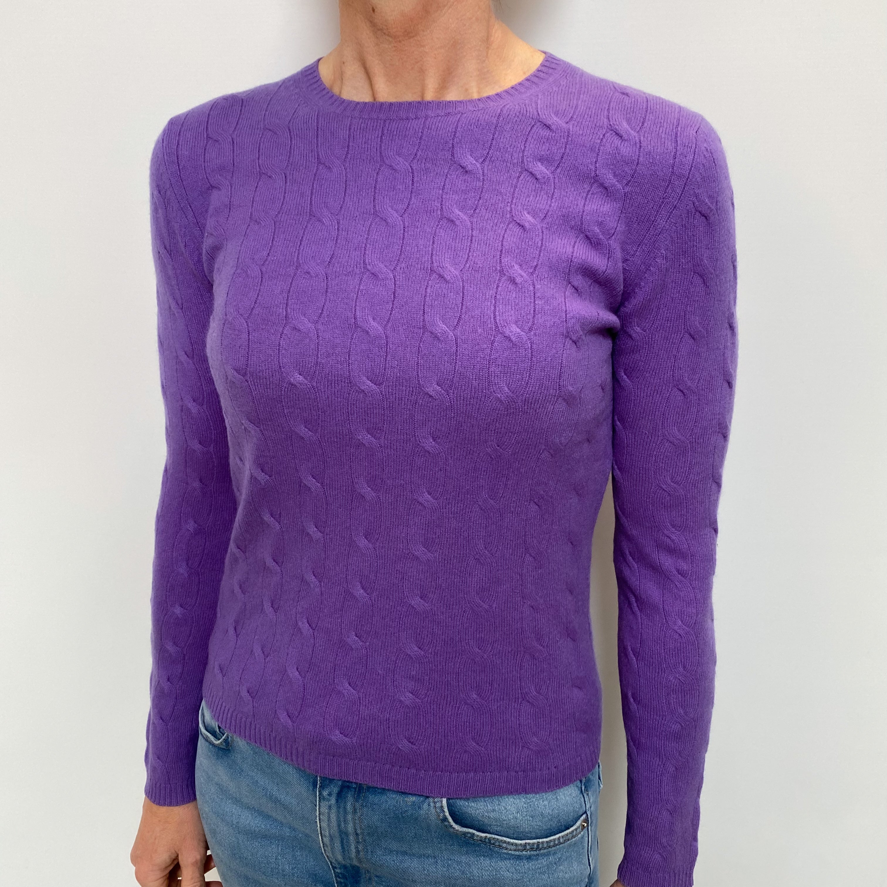 Periwinkle Purple Cable Cashmere Crew Neck Jumper Small