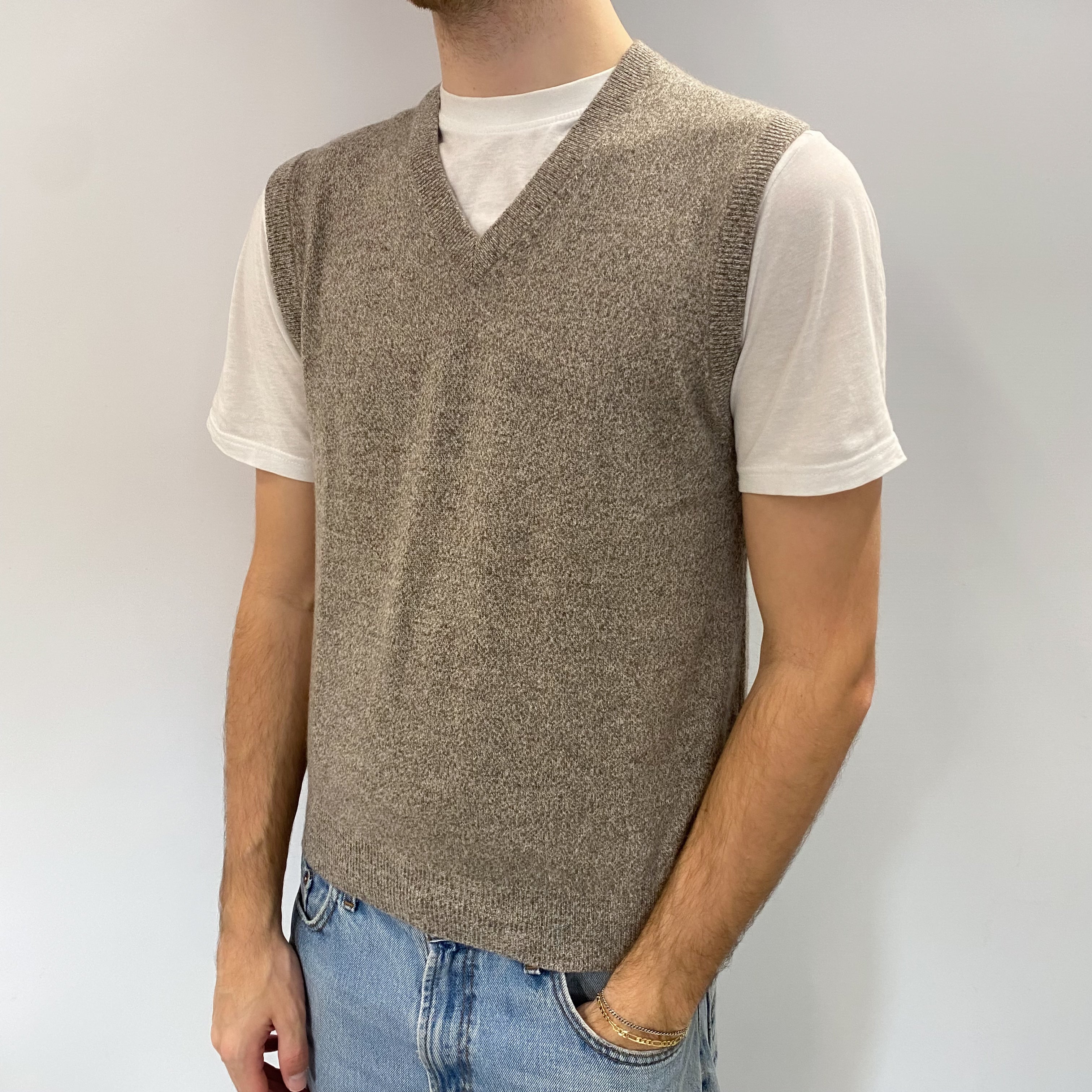 Men's Mink Marl Cashmere V Neck Tank Top Medium