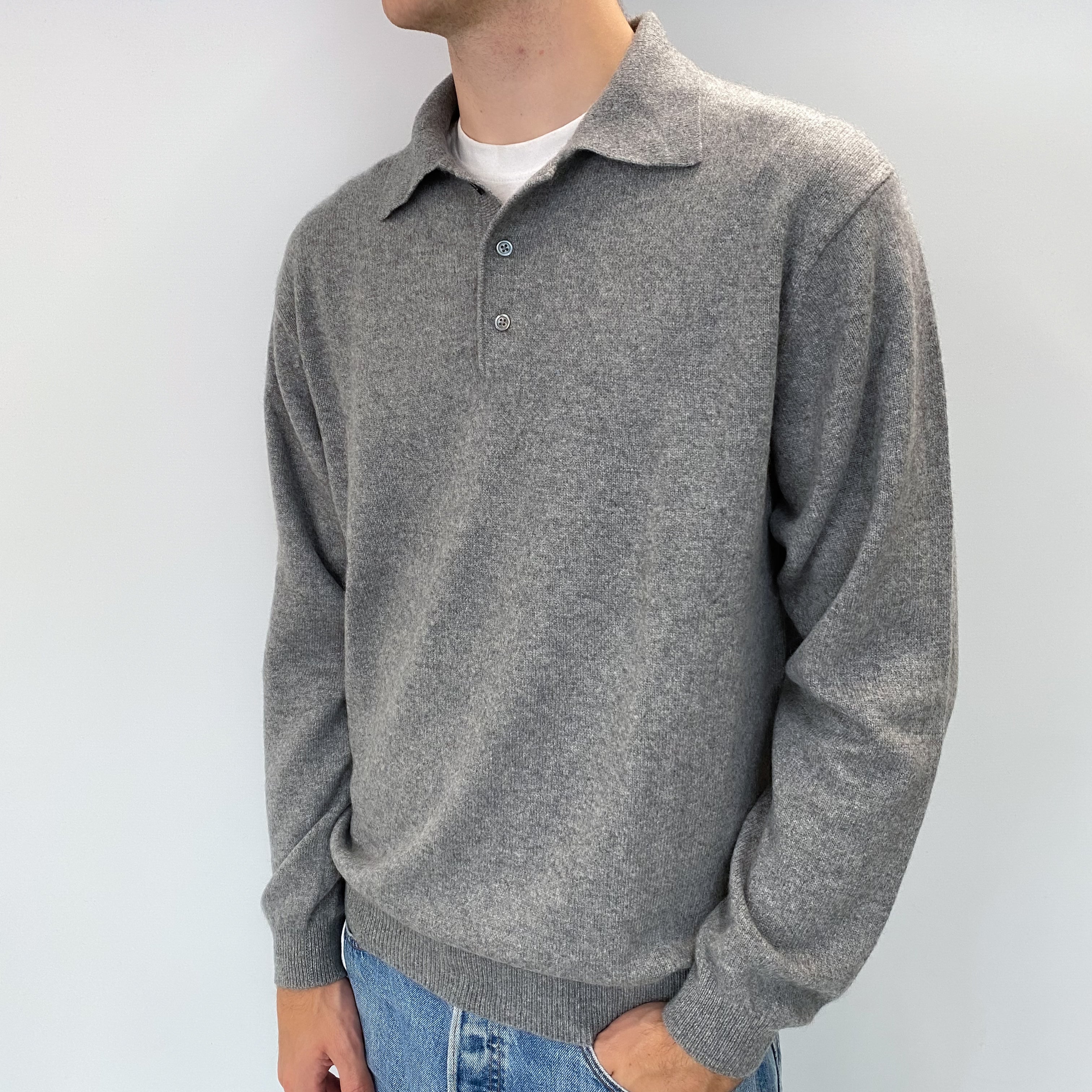 Men's Smoke Grey Cashmere Quarter Button Jumper Large
