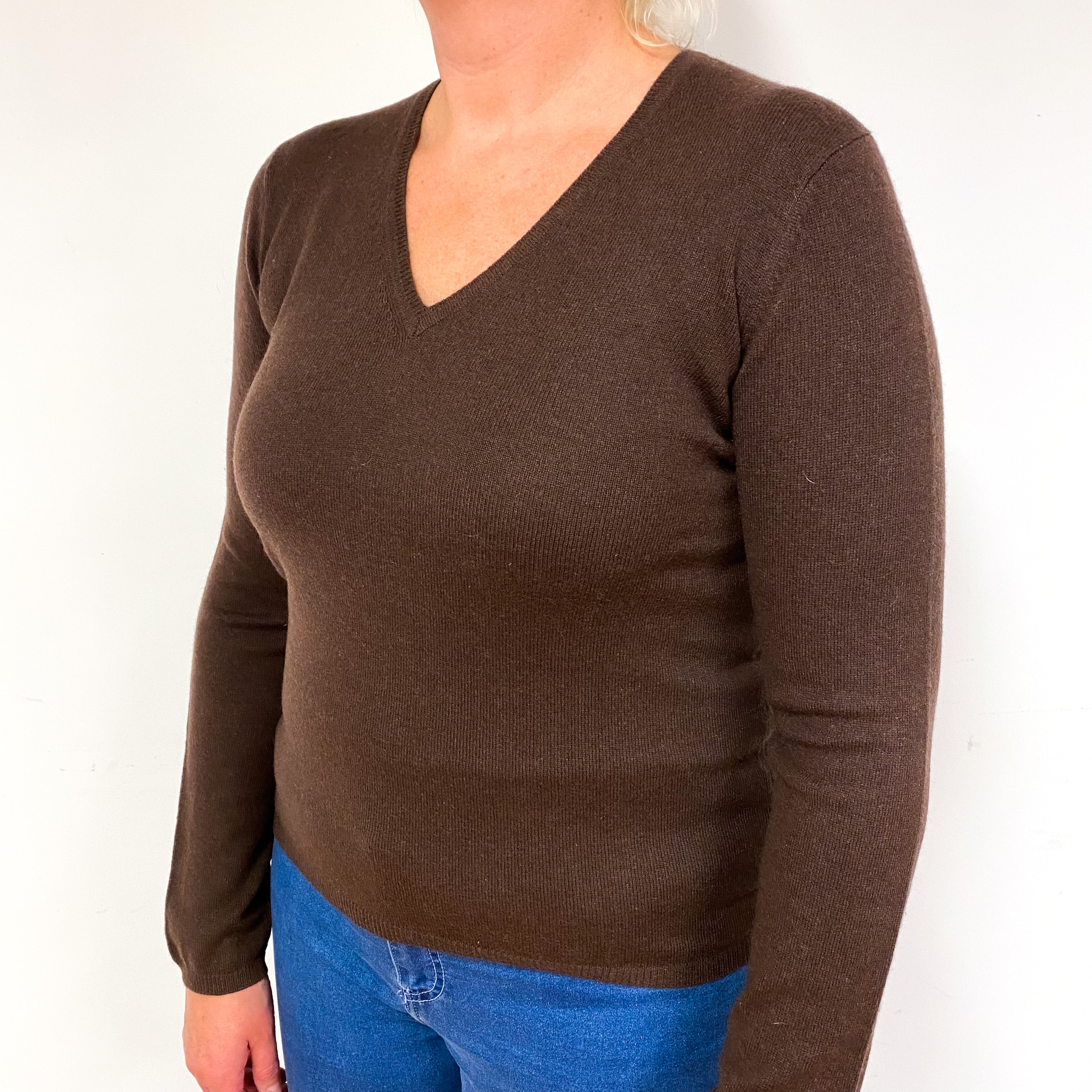 Chocolate Brown Cashmere V-Neck Jumper Large