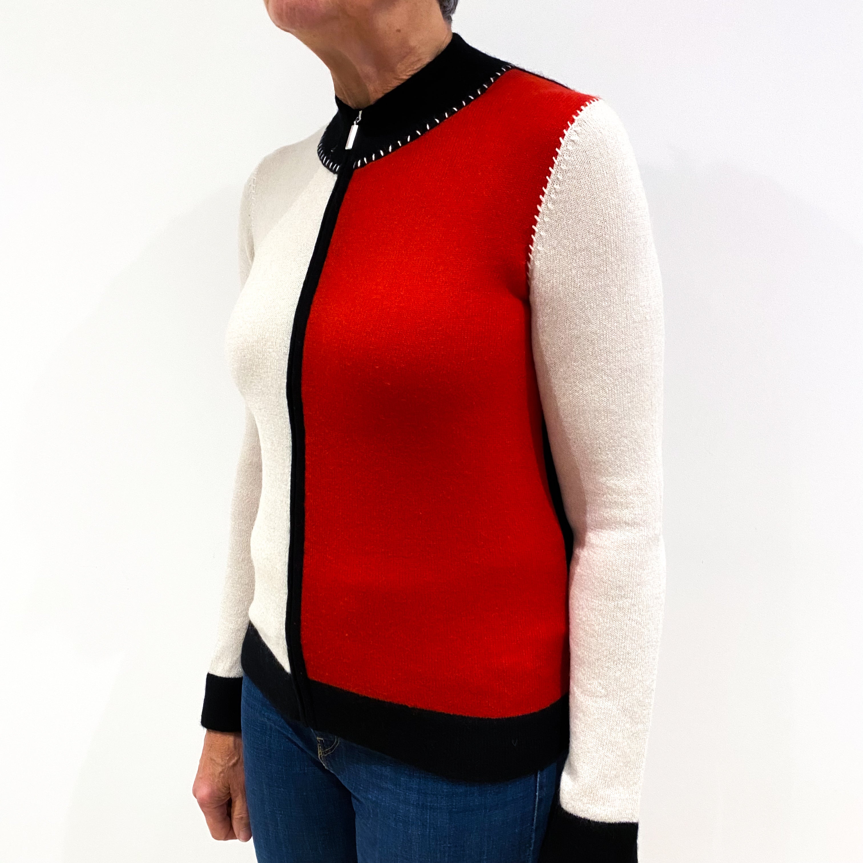 Oatmeal, Scarlet Red and Black Cashmere Zip Up Cardigan Medium