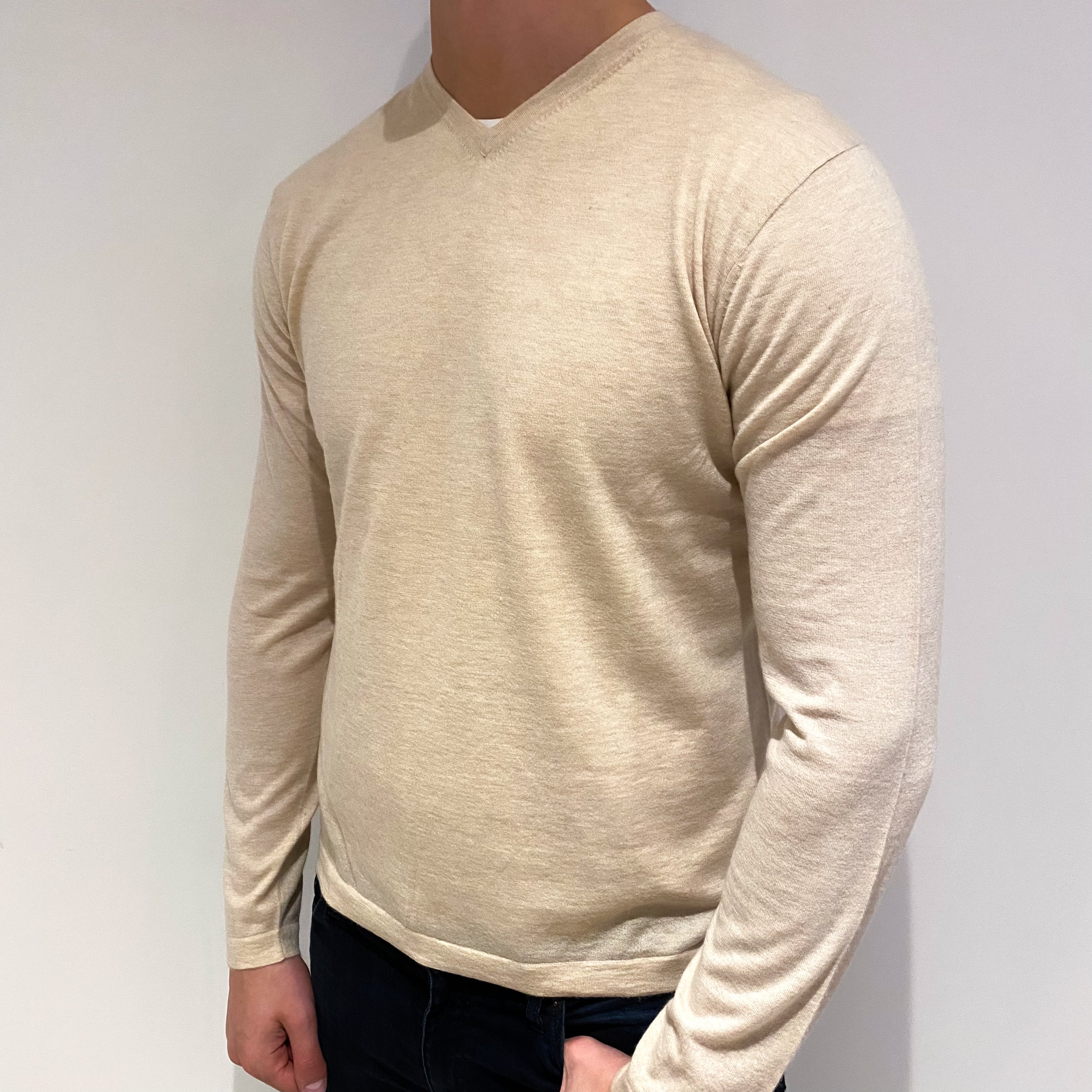 Men's Oatmeal Beige Cashmere V Neck Jumper XL