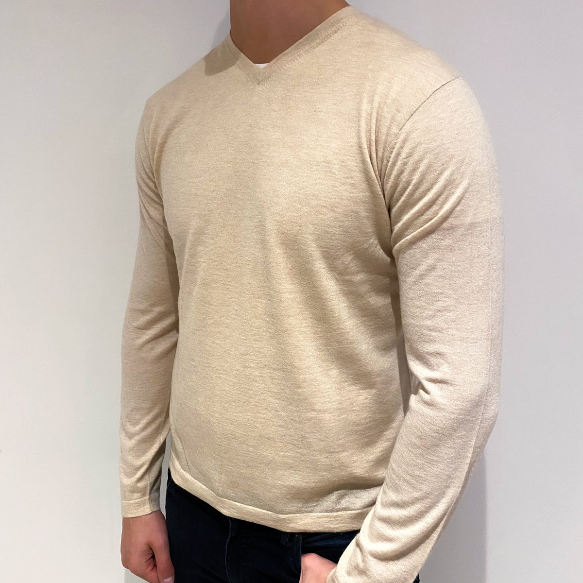 Men's Oatmeal Beige Cashmere V Neck Jumper XL