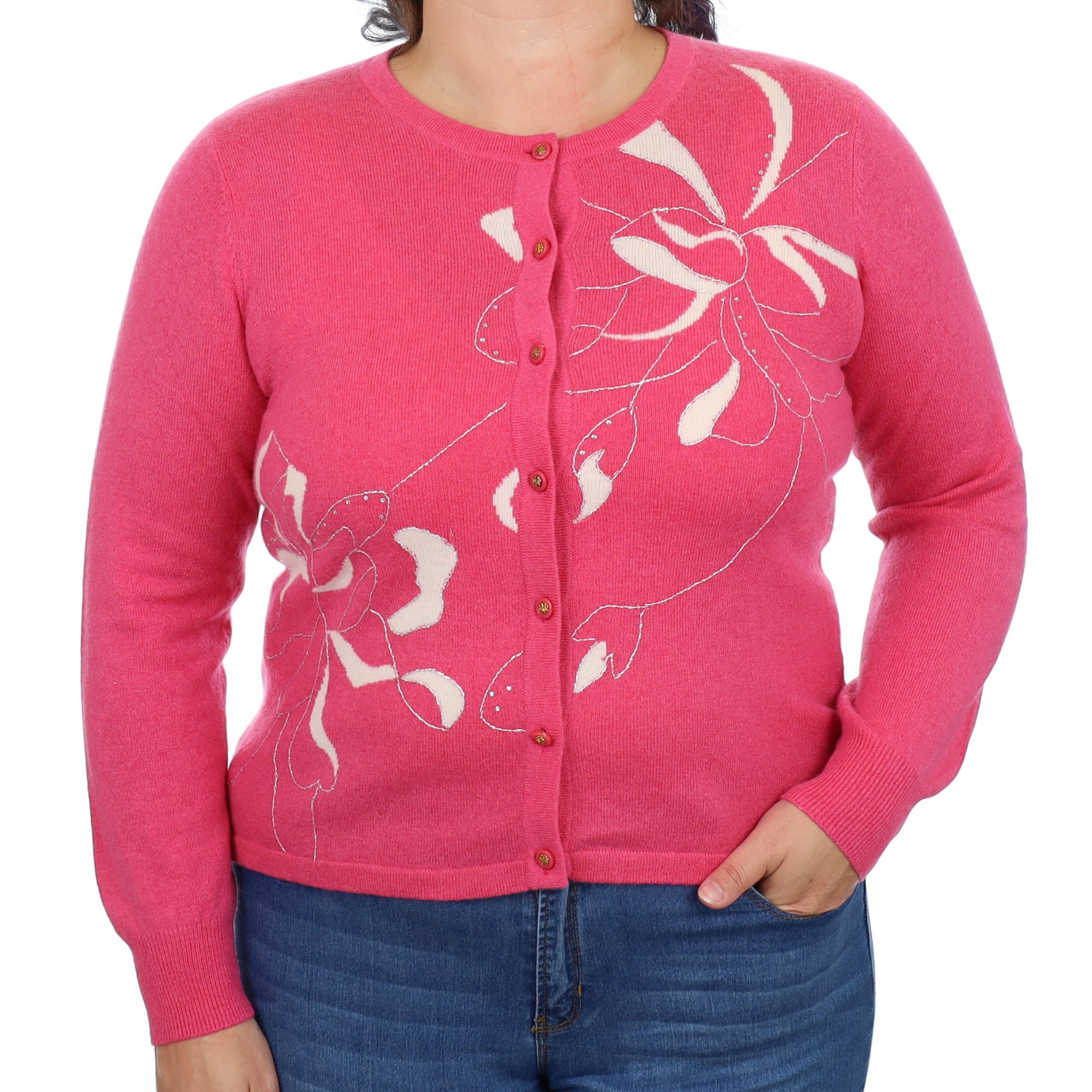 Hot Pink Floral Cashmere Crew Neck Cardigan Large
