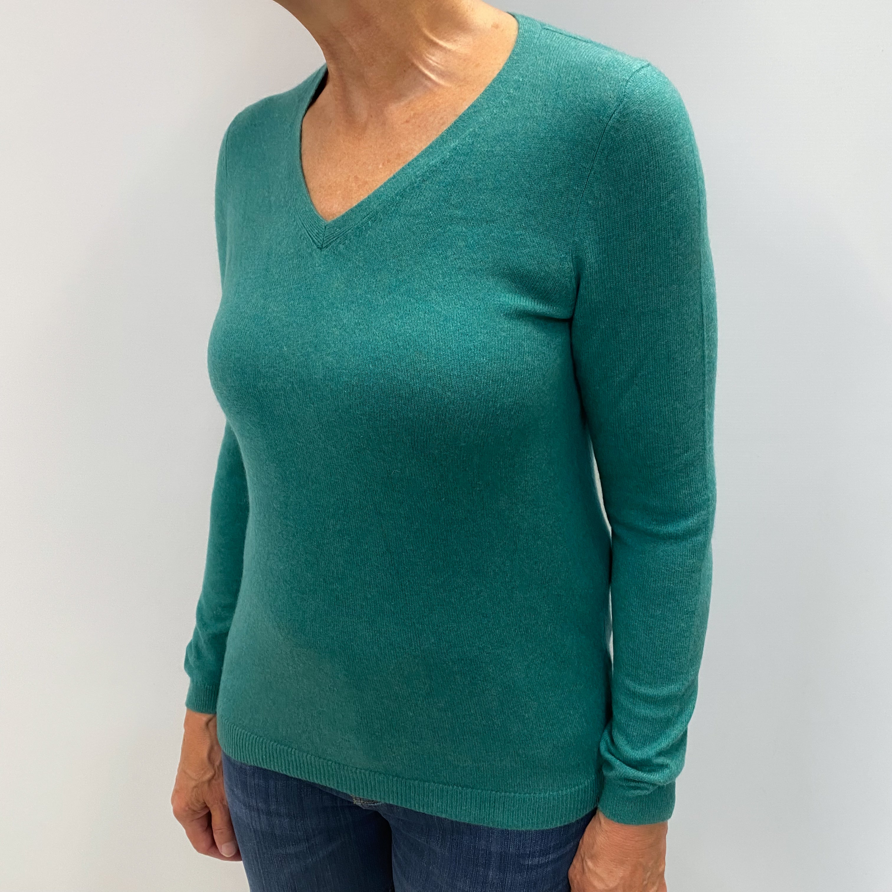 Pine Green Cashmere V Neck Jumper Medium