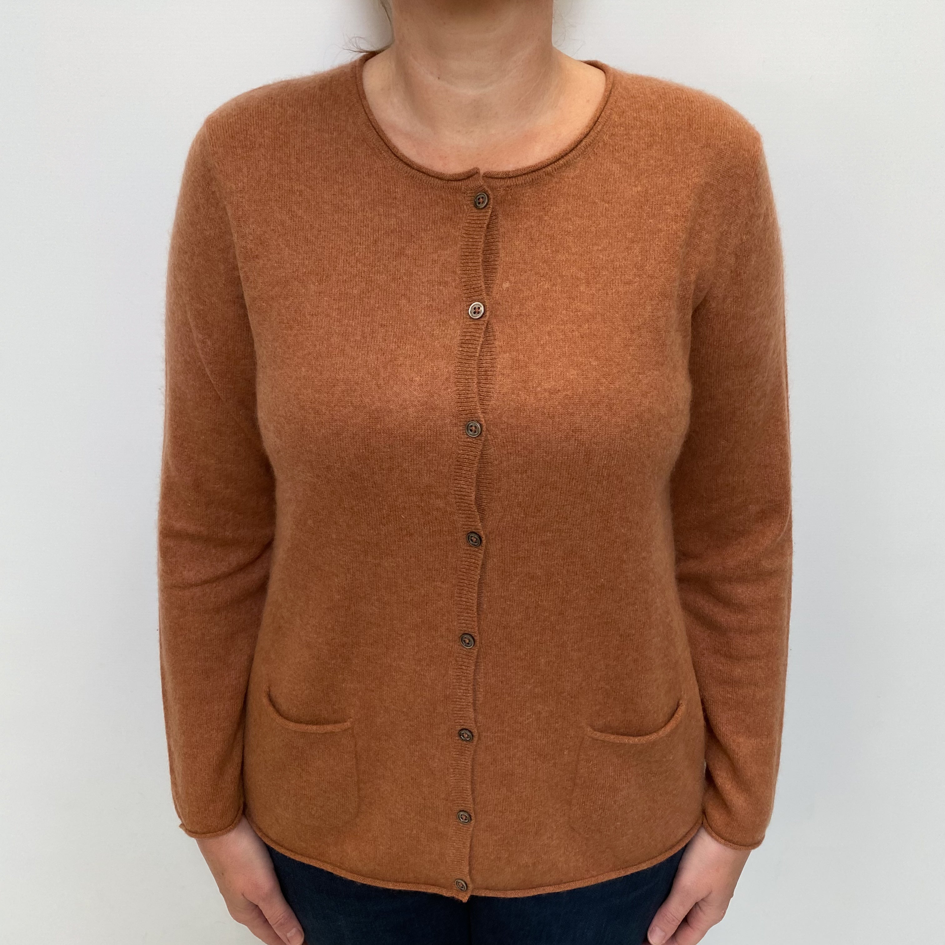 Rusty Orange Cashmere Crew Neck Cardigan with Pockets Large