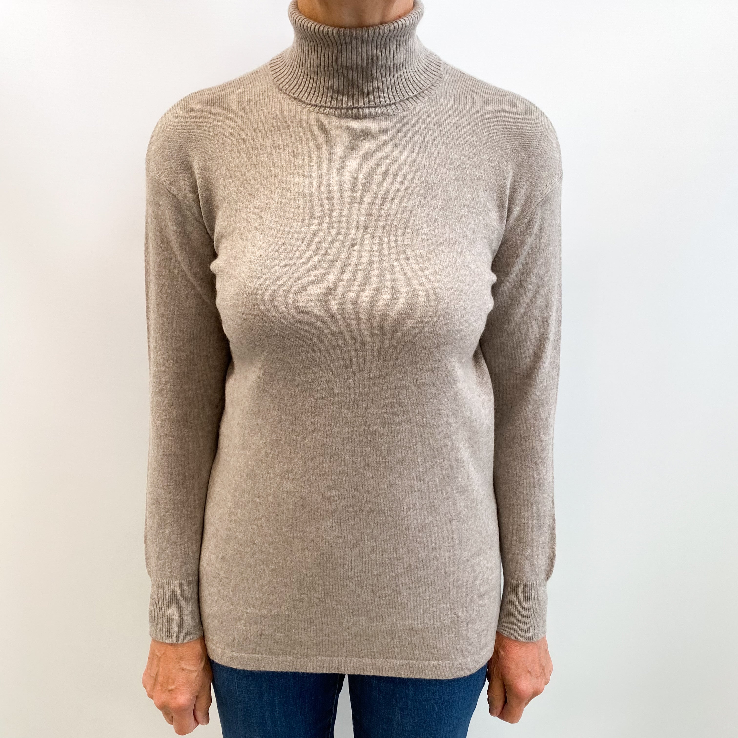 Fawn Beige Cashmere Polo Neck Jumper Medium