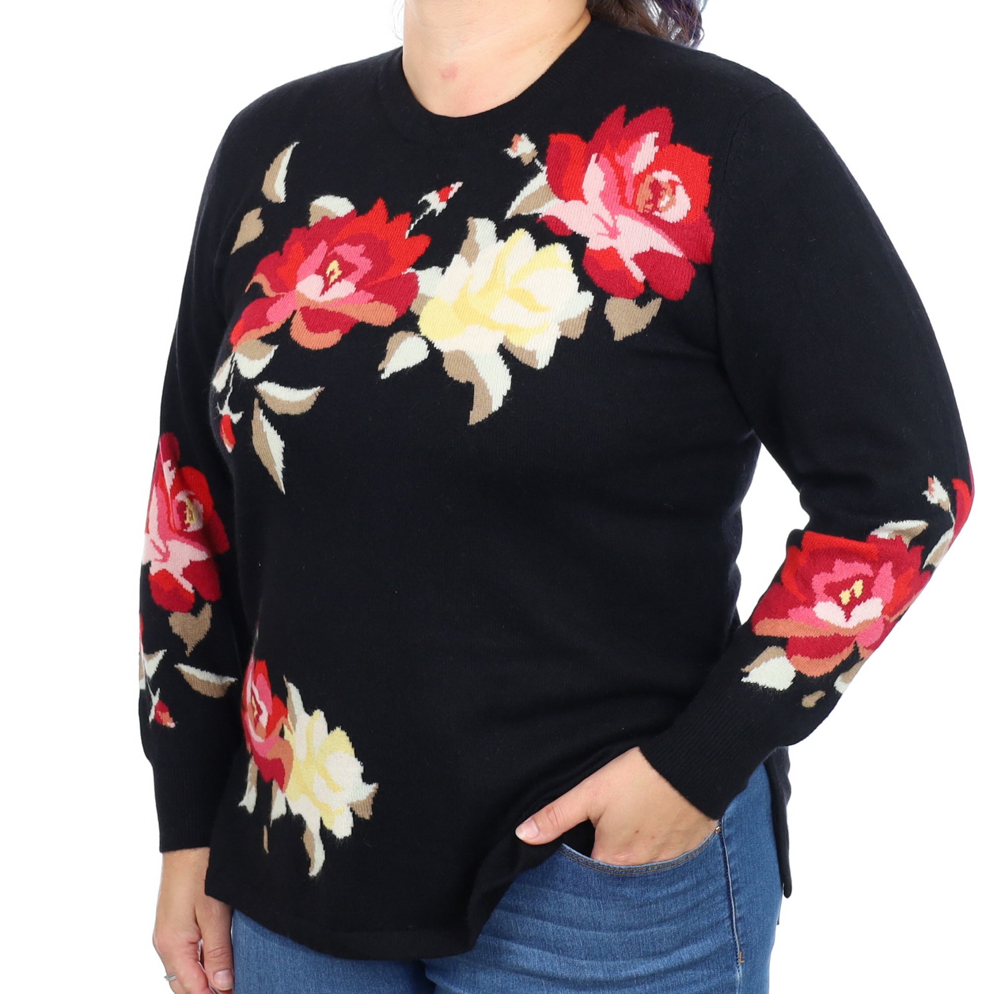 Black Floral Cashmere Crew Neck Jumper Large