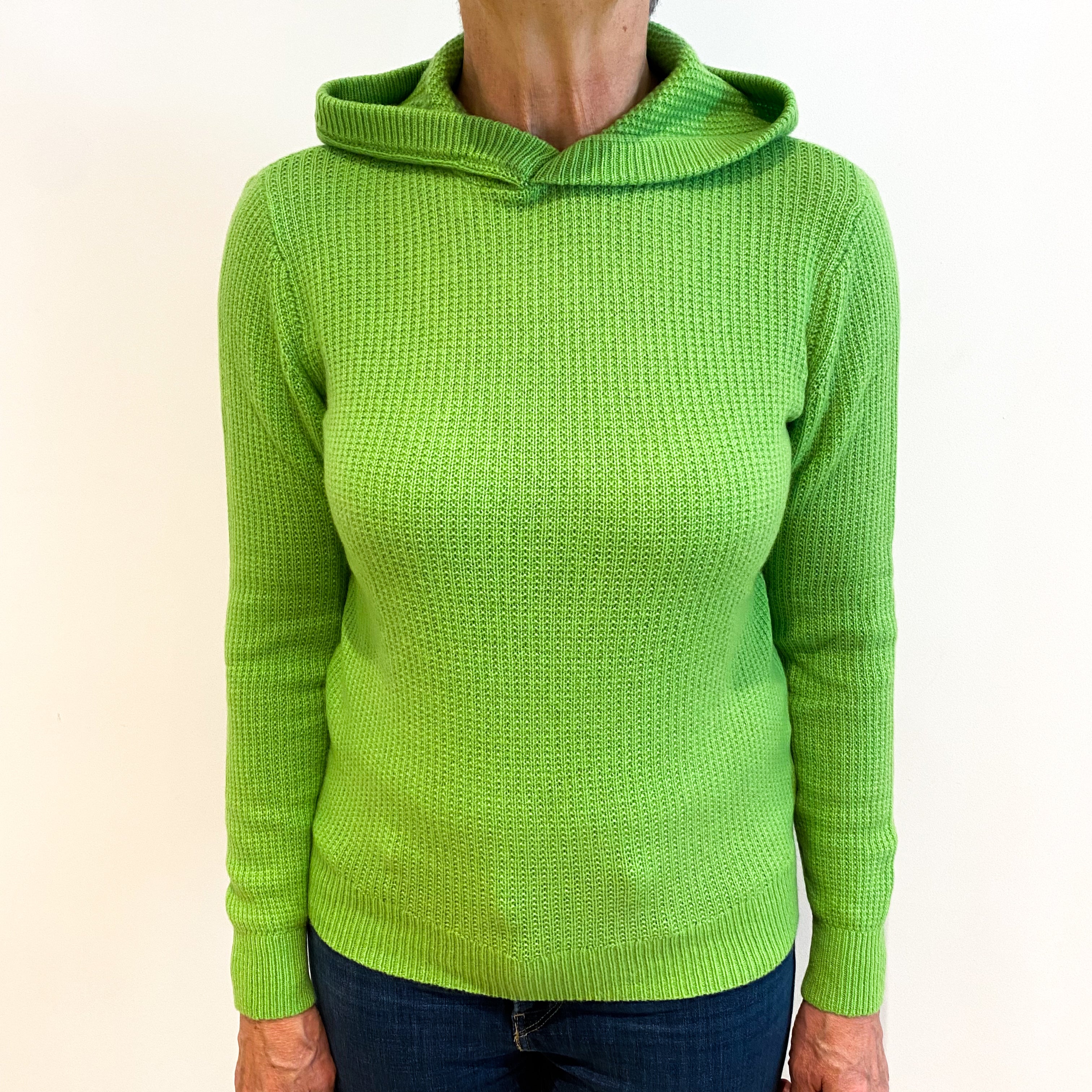 Neon Green Cashmere Waffle Knit Hoodie Jumper Medium