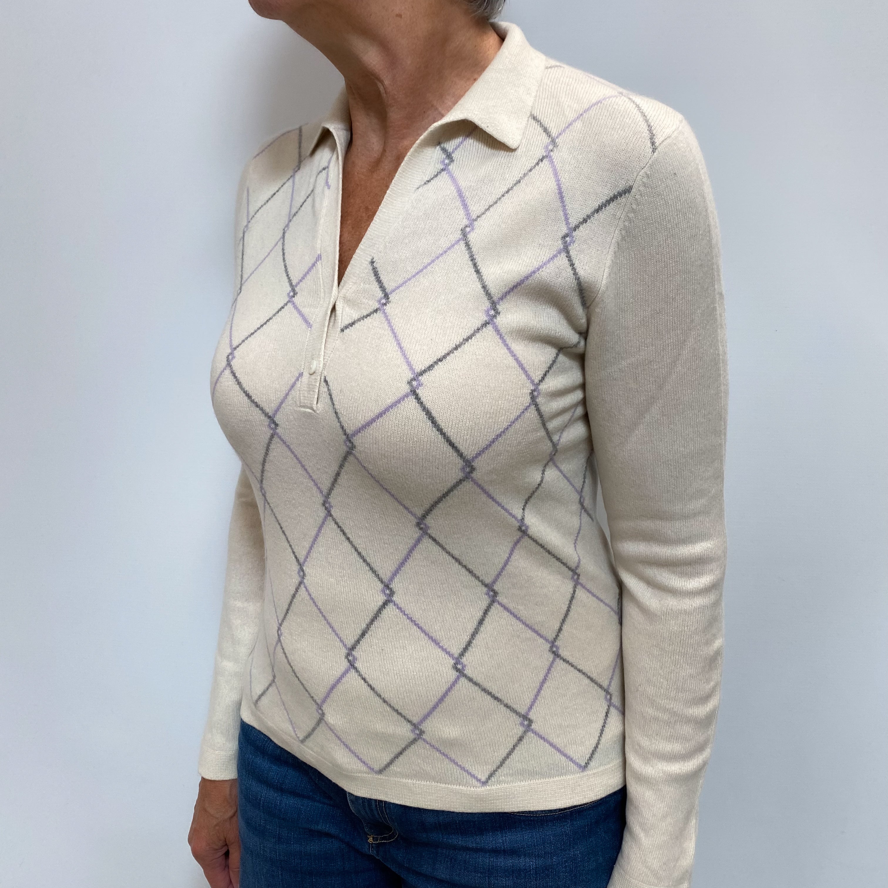Vanilla Cream Cashmere Collared V Jumper Medium