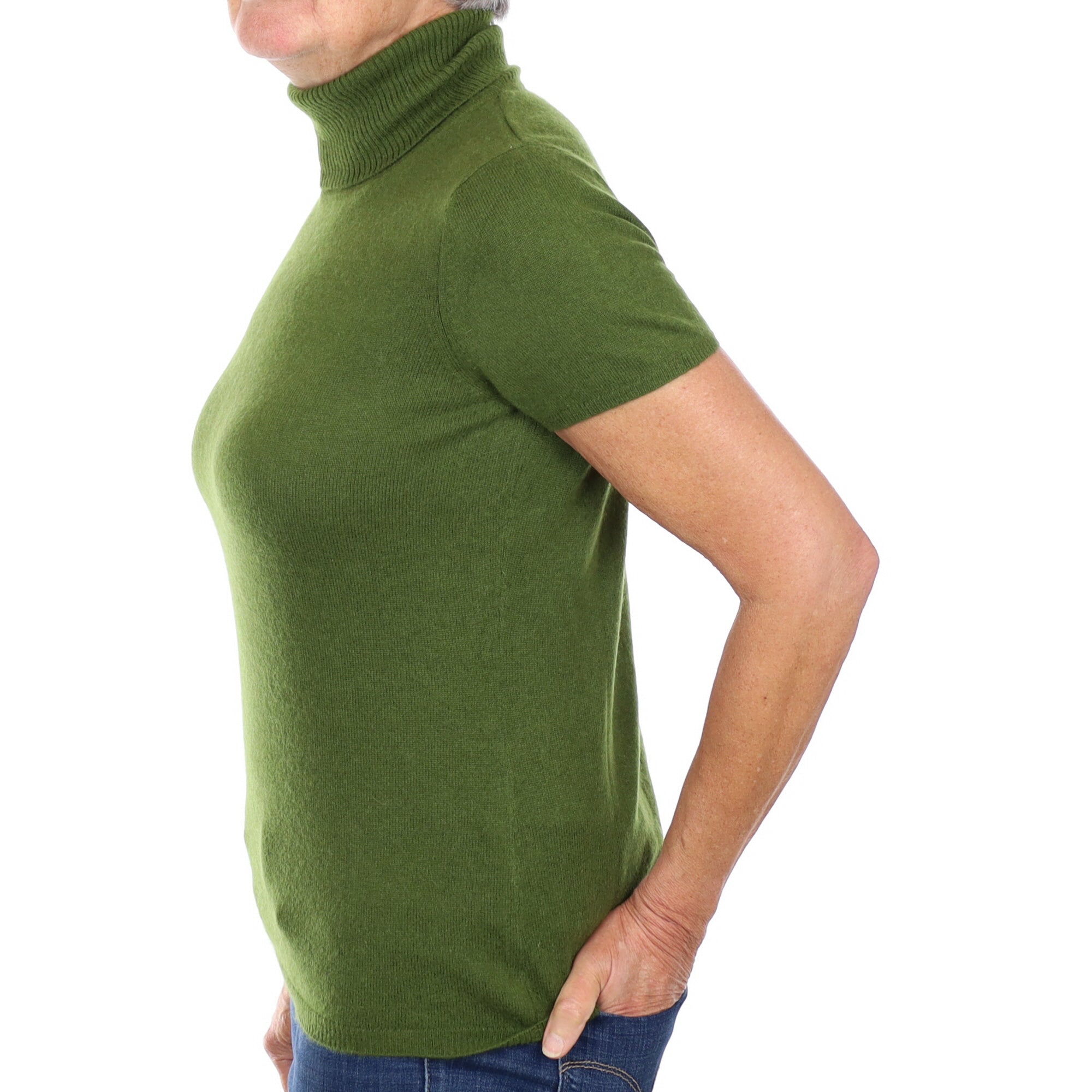 Moss Green Cashmere Polo Neck Jumper Short Sleeve Medium