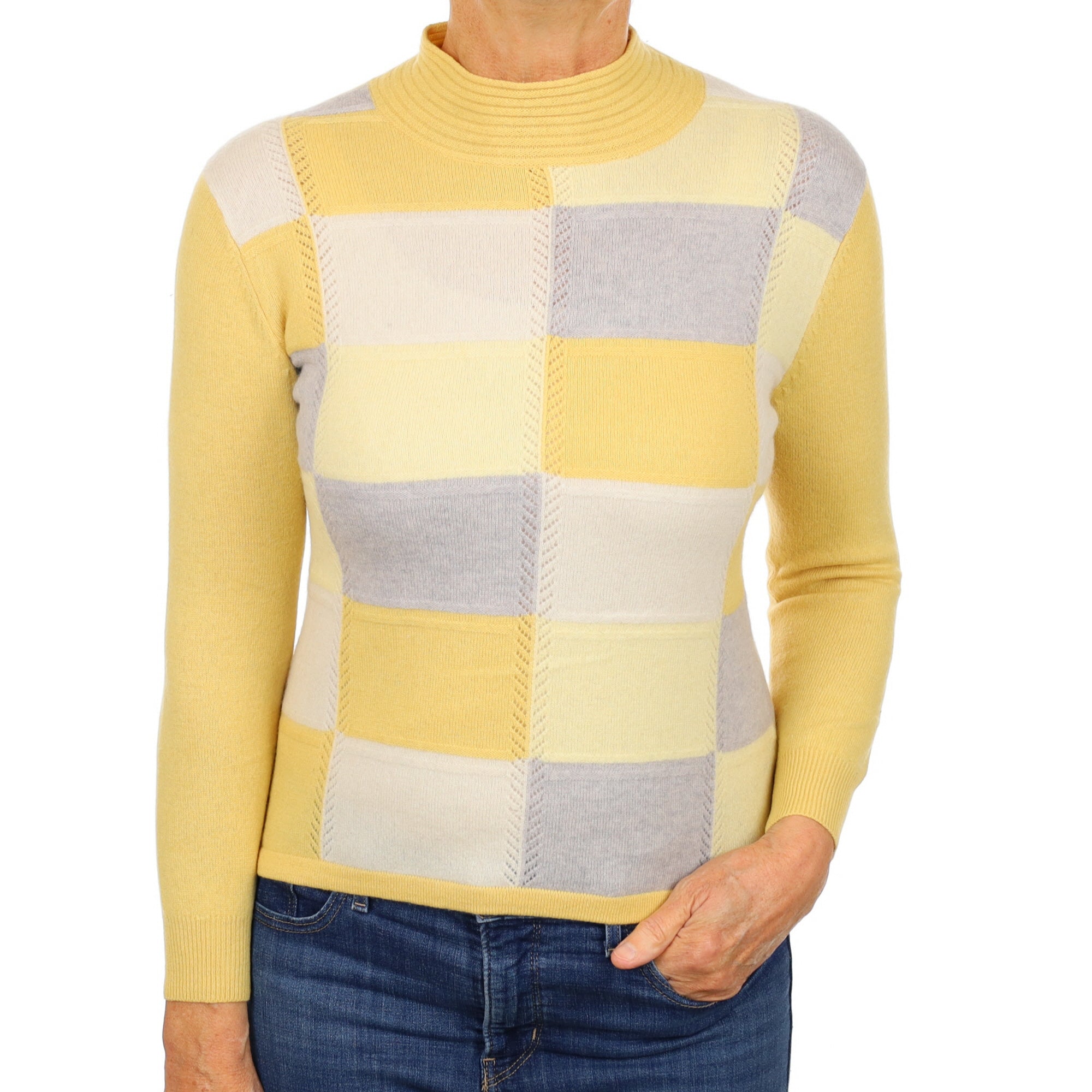 Yellow and Grey Checked Cashmere Turtle Neck Jumper Medium