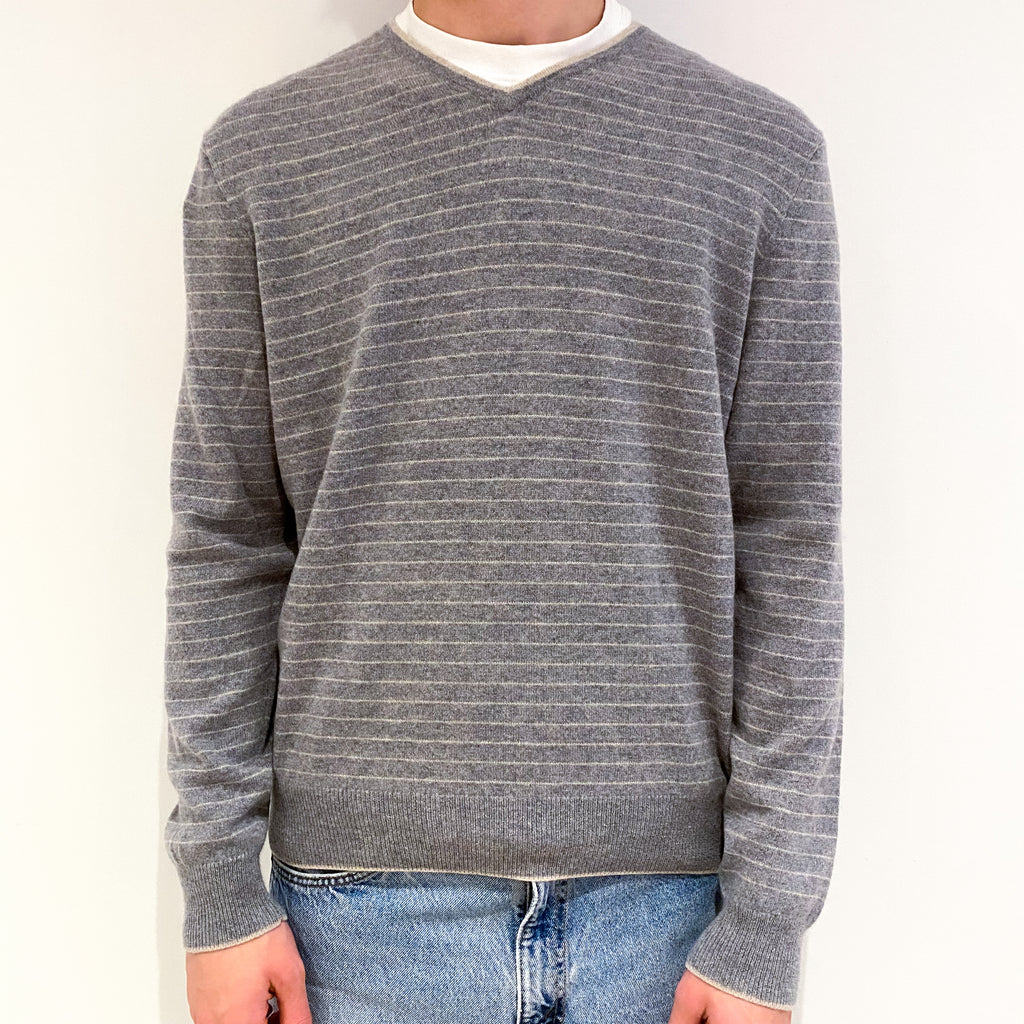 Men's Beige and Grey Striped Cashmere V-Neck Jumper Large