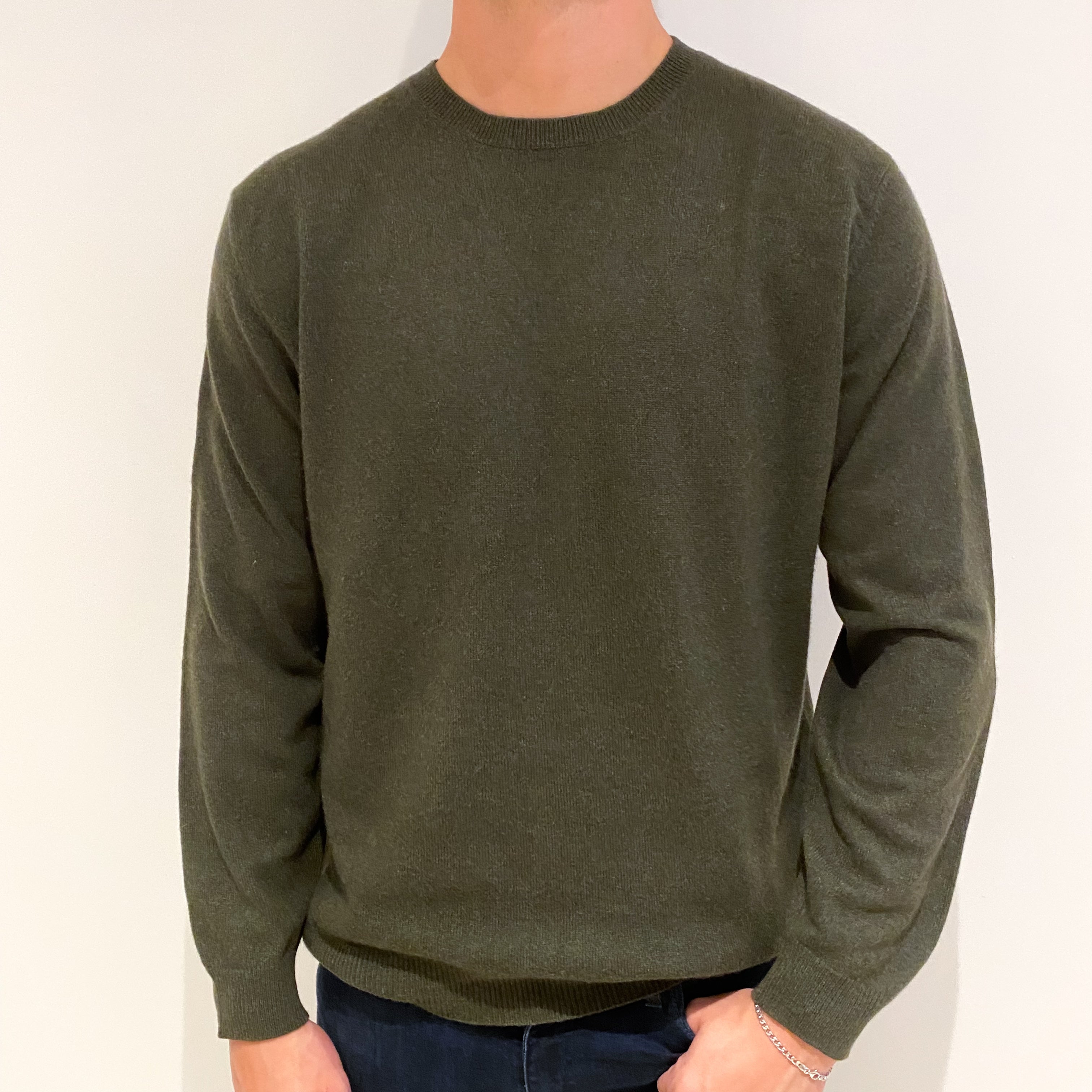 Men's Khaki Green Cashmere Crew Neck Jumper Extra Extra Large