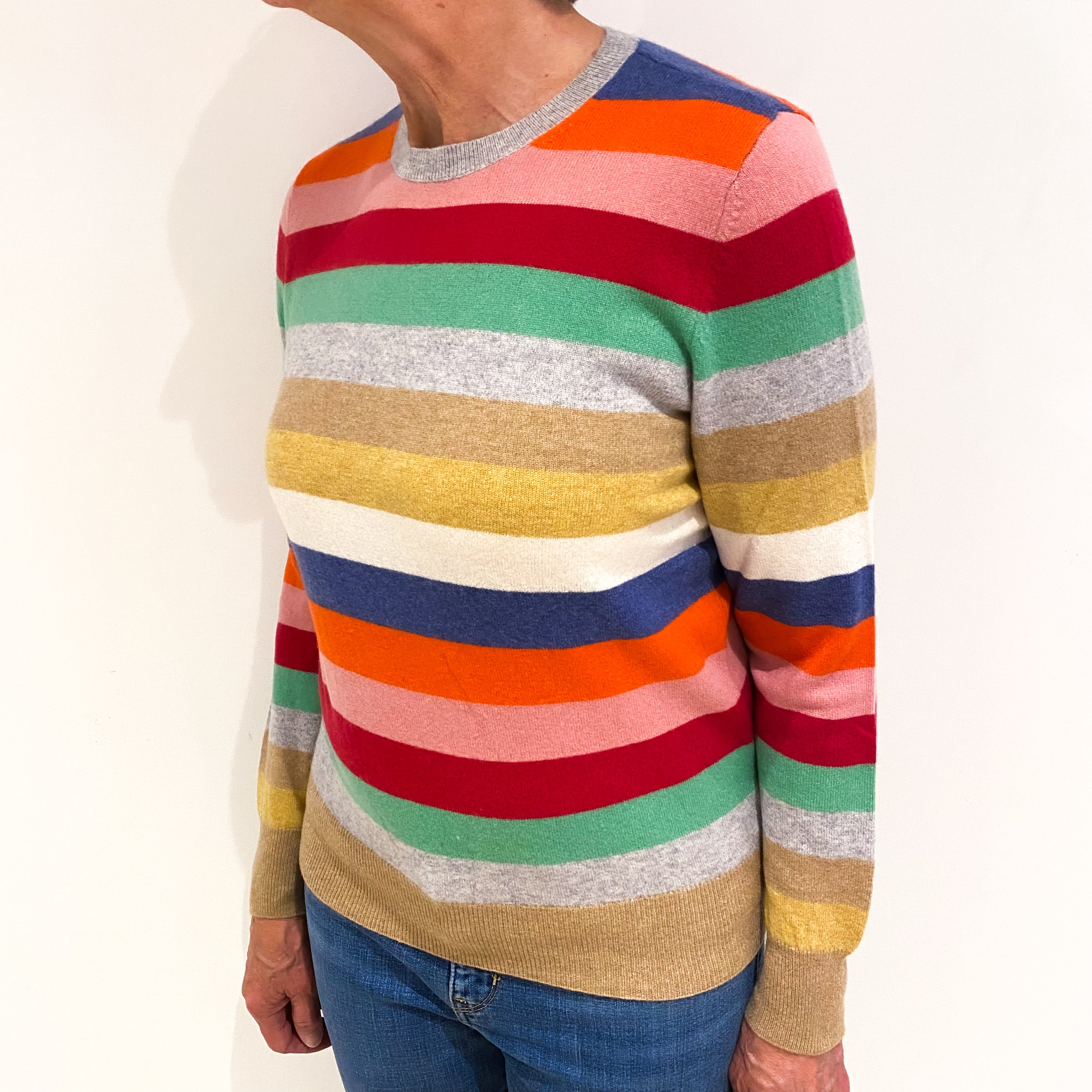 Multicoloured Striped Cashmere Crew Neck Jumper Medium