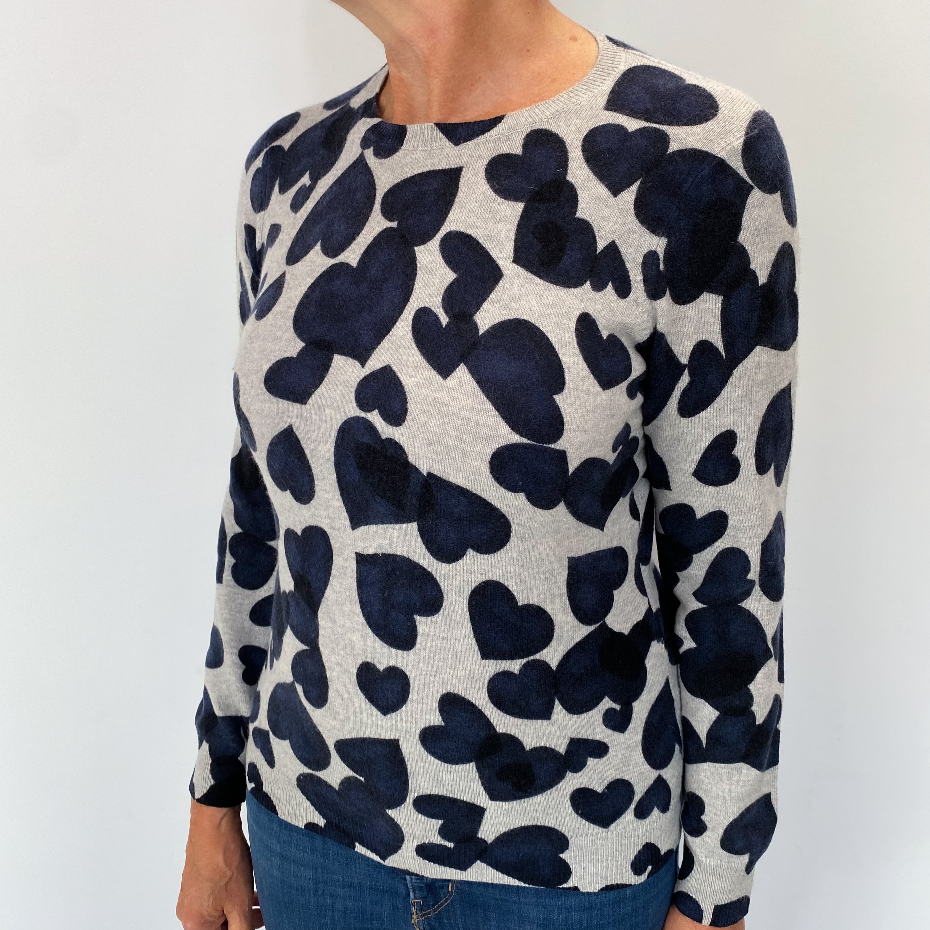 Grey Love Heart Cashmere Crew Neck Jumper Medium
