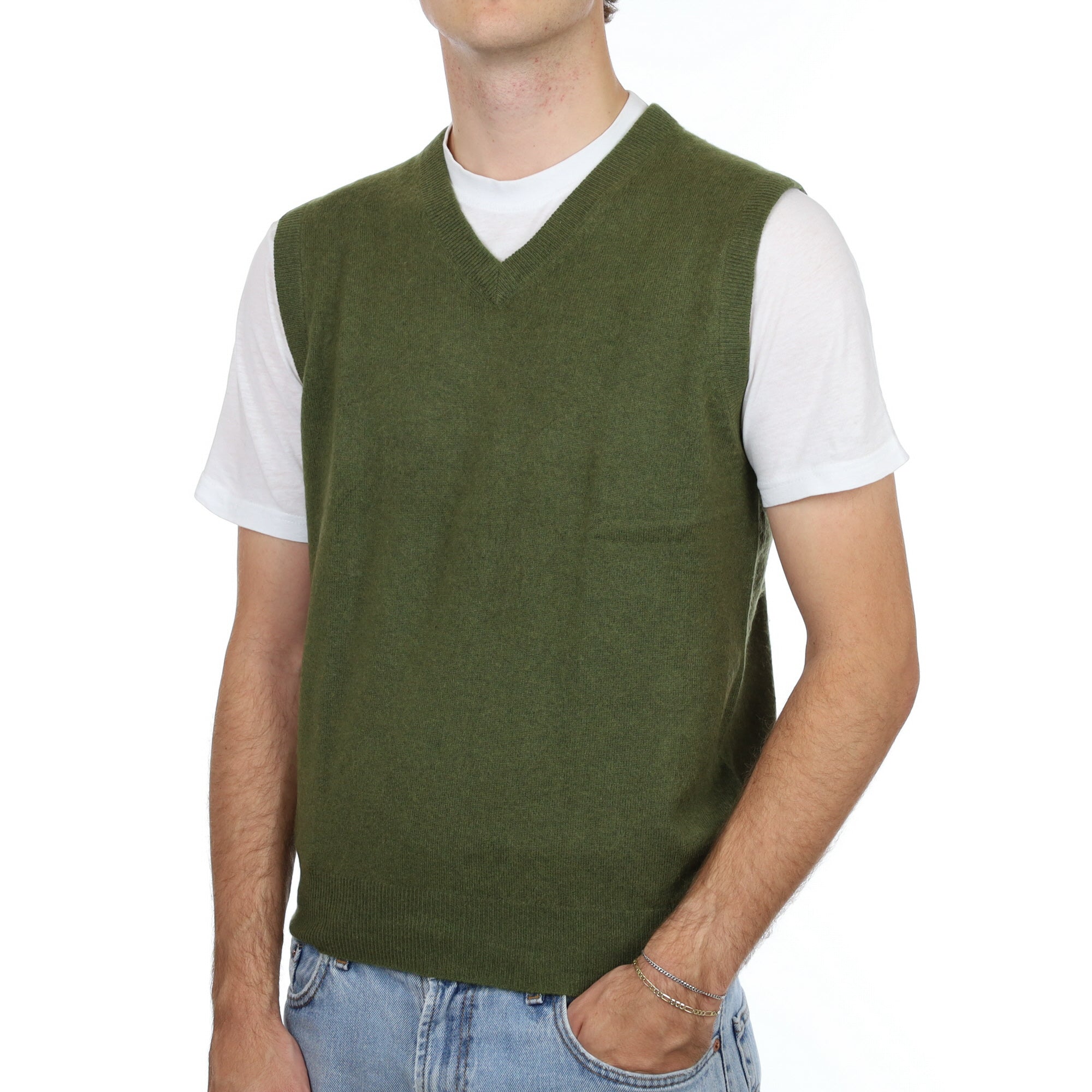 Men's Moss Green Cashmere V Neck Vest Jumper Medium