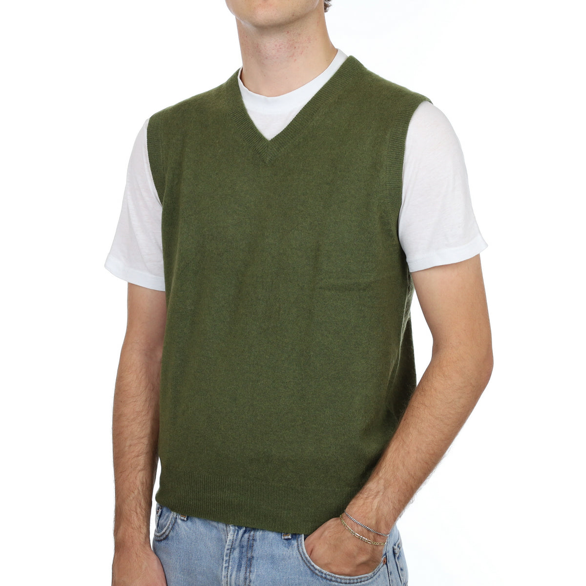 Men's Moss Green Cashmere V Neck Vest Jumper Medium