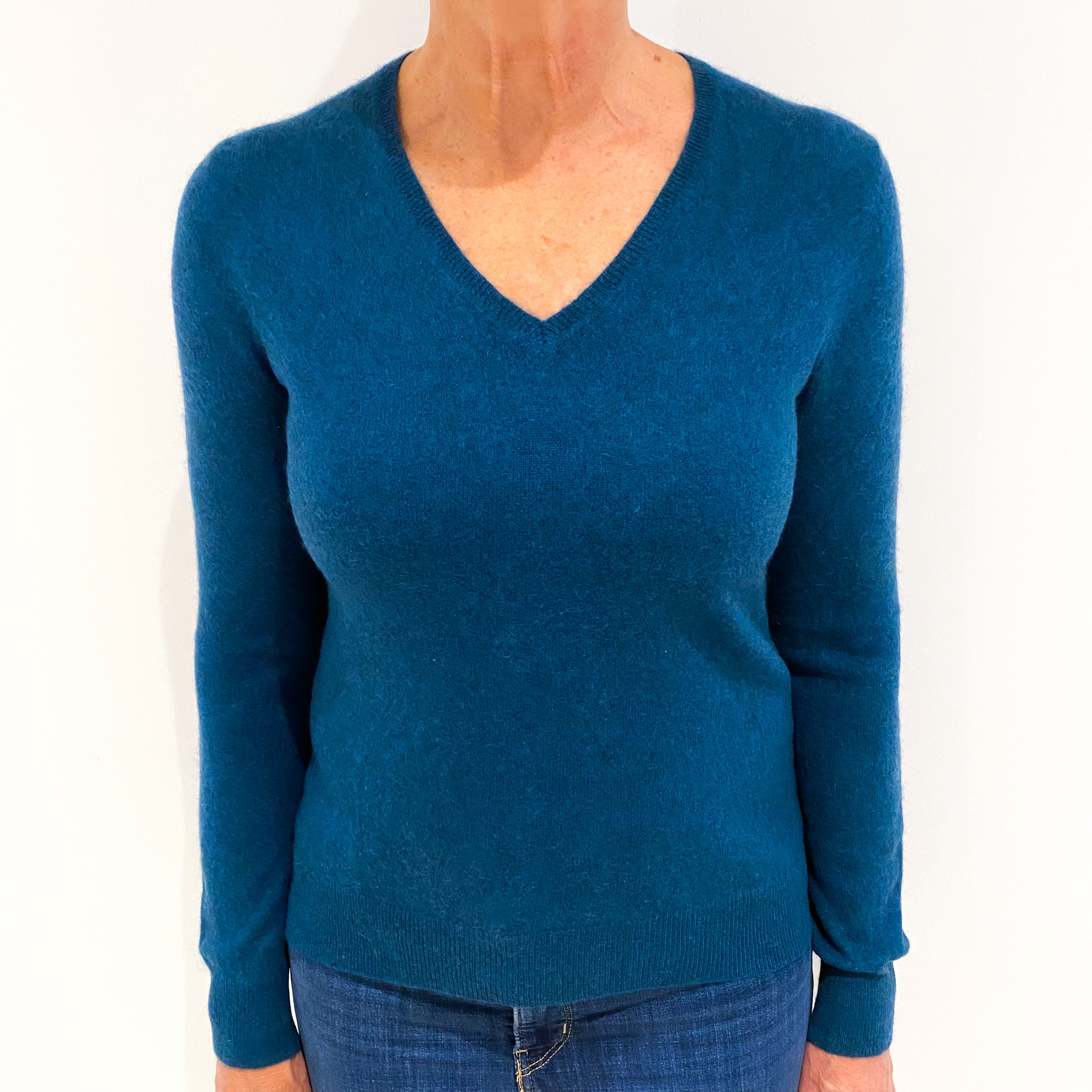 Petrol Blue Cashmere V-Neck Jumper Medium