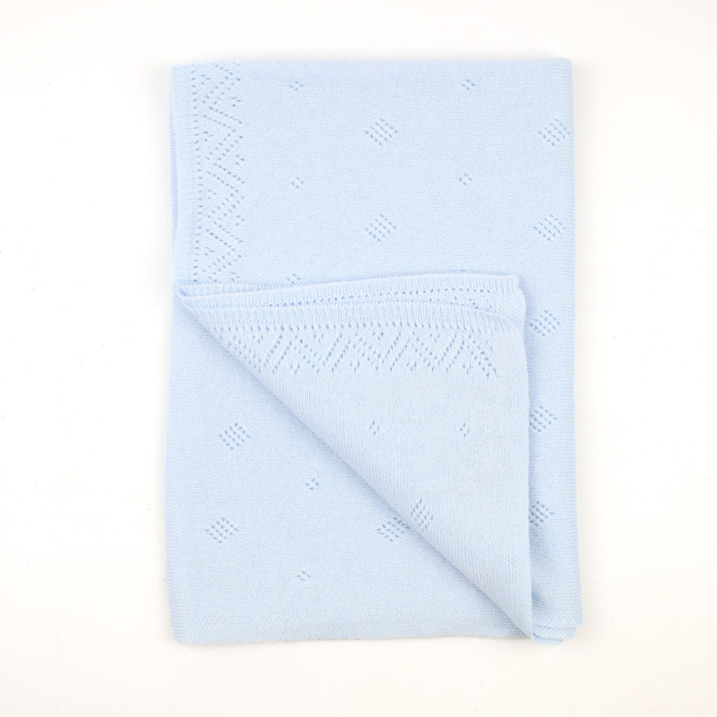 Brand New Scottish Baby Blue Pointelle Knitted Cashmere Baby Shawl