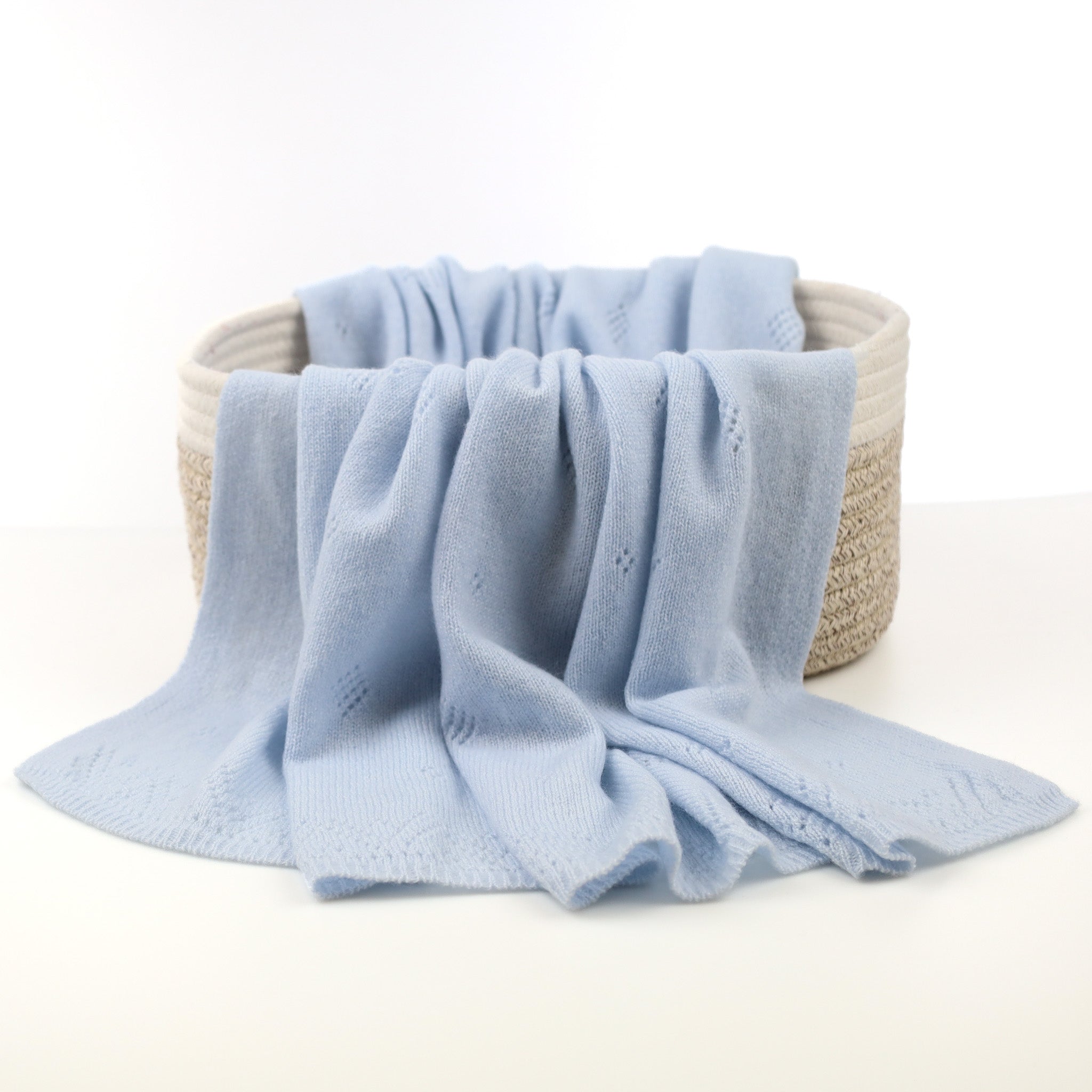 Brand New Scottish Baby Blue Pointelle Knitted Cashmere Baby Shawl