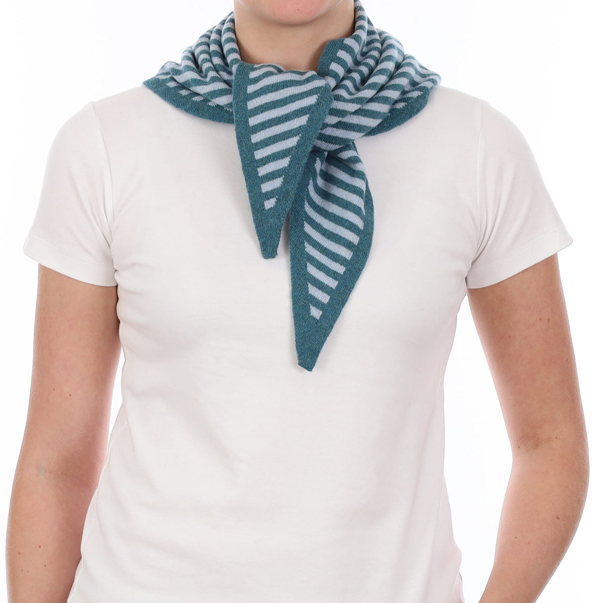 Brand New Ocean Green & Baby Blue Stripe Recycled Cashmere Triangle Scarf
