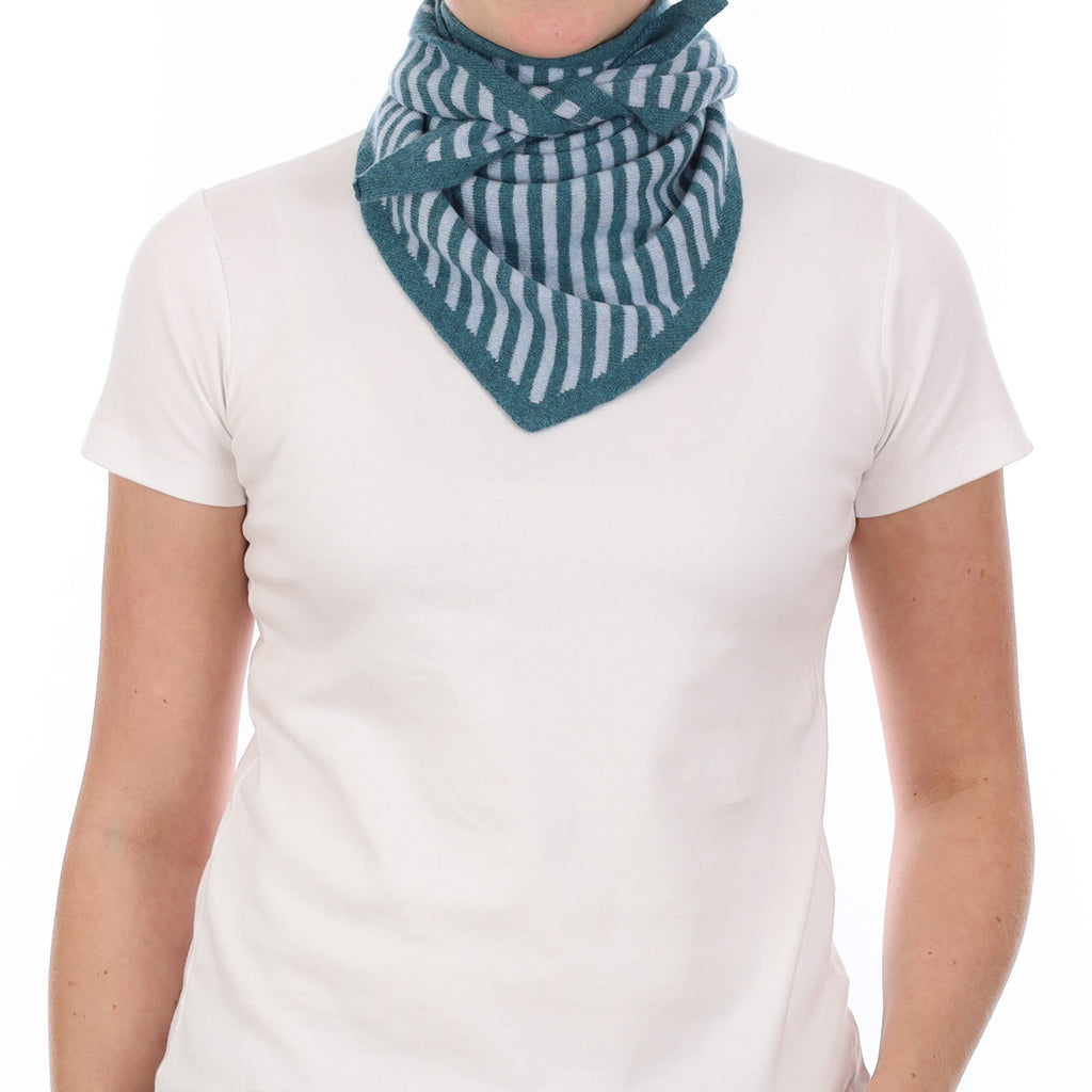 Brand New Ocean Green & Baby Blue Stripe Recycled Cashmere Triangle Scarf