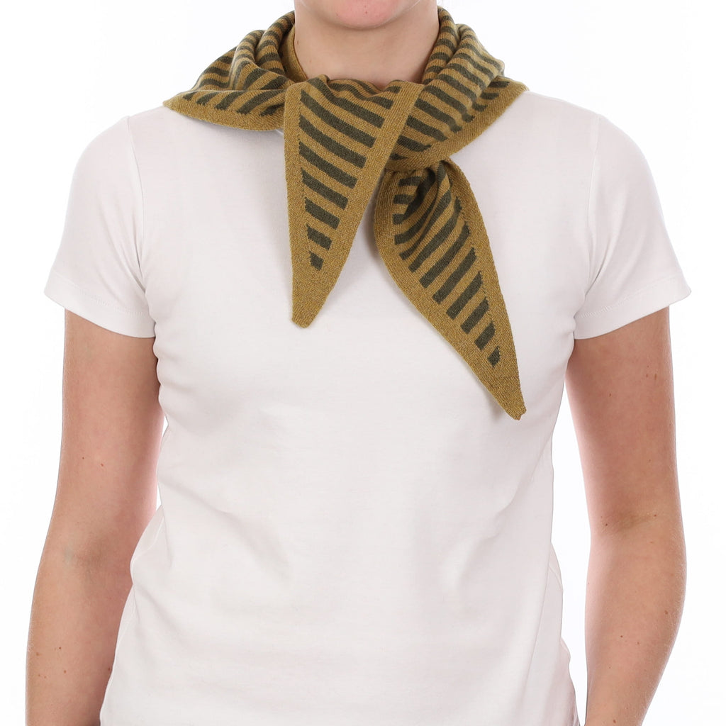 Brand New Harvest Gold and Moss Stripe Recycled Cashmere Triangle Scarf