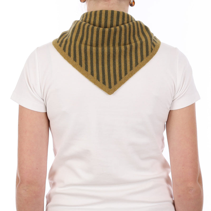 Brand New Harvest Gold and Moss Stripe Recycled Cashmere Triangle Scarf