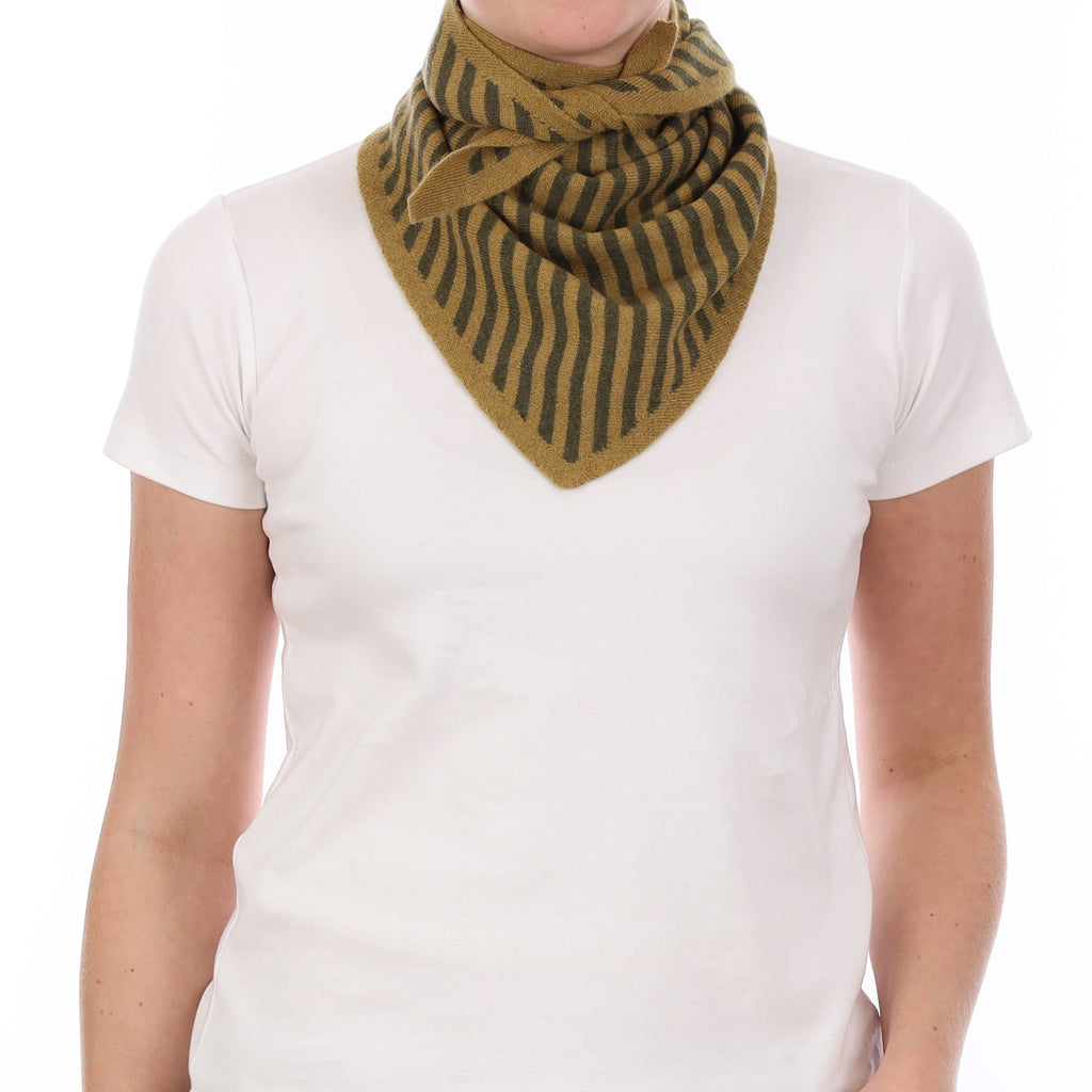 Brand New Harvest Gold and Moss Stripe Recycled Cashmere Triangle Scarf
