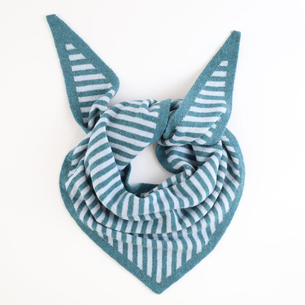 Brand New Ocean Green & Baby Blue Stripe Recycled Cashmere Triangle Scarf