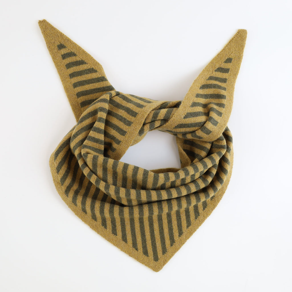 Brand New Harvest Gold and Moss Stripe Recycled Cashmere Triangle Scarf