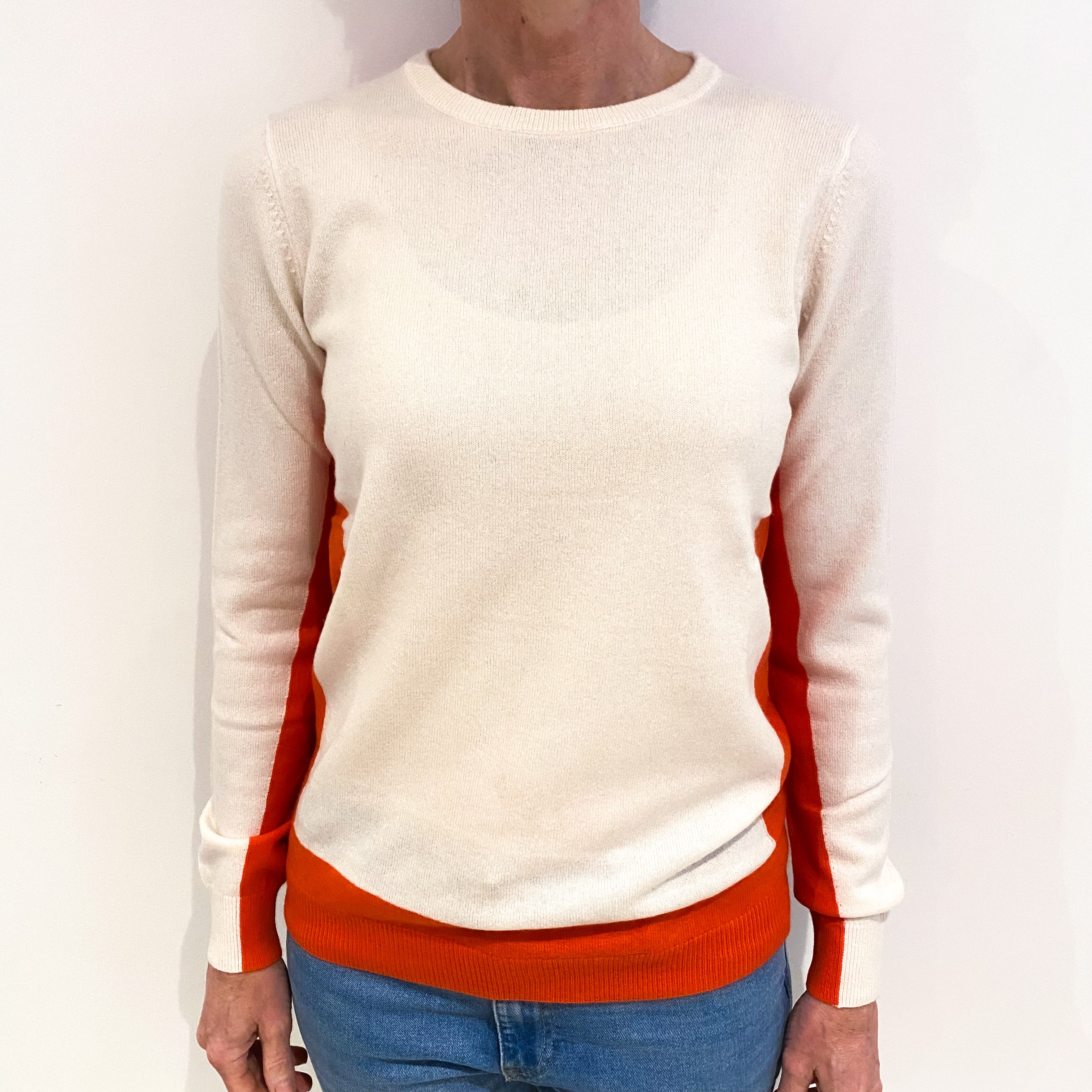 Bright Orange And Cream Cashmere Crew Neck Jumper Small