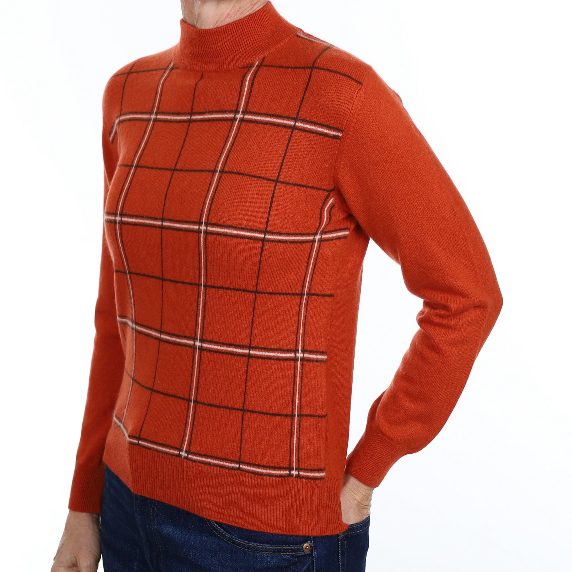 Burnt Orange Check Cashmere Turtle Neck Jumper Small