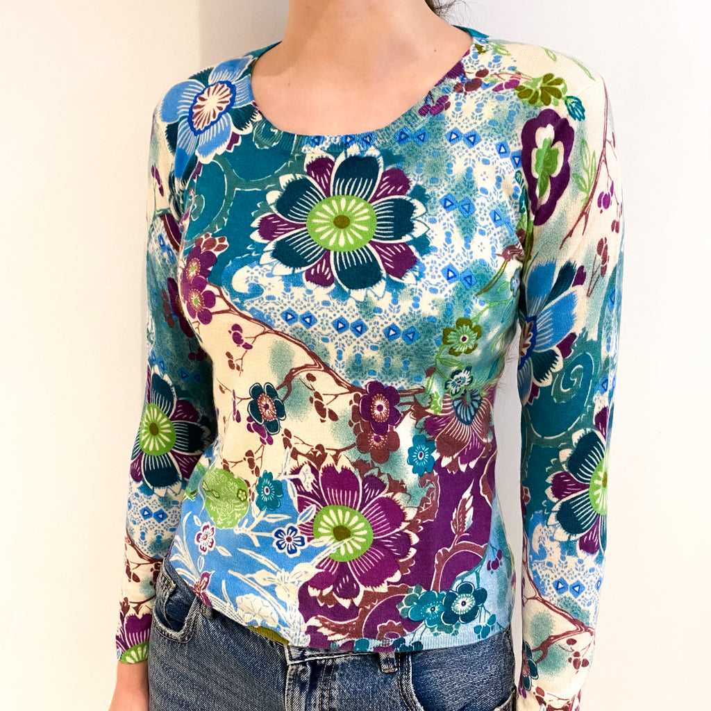 Teal and Violet Floral Cashmere Crew Neck Jumper Extra Small