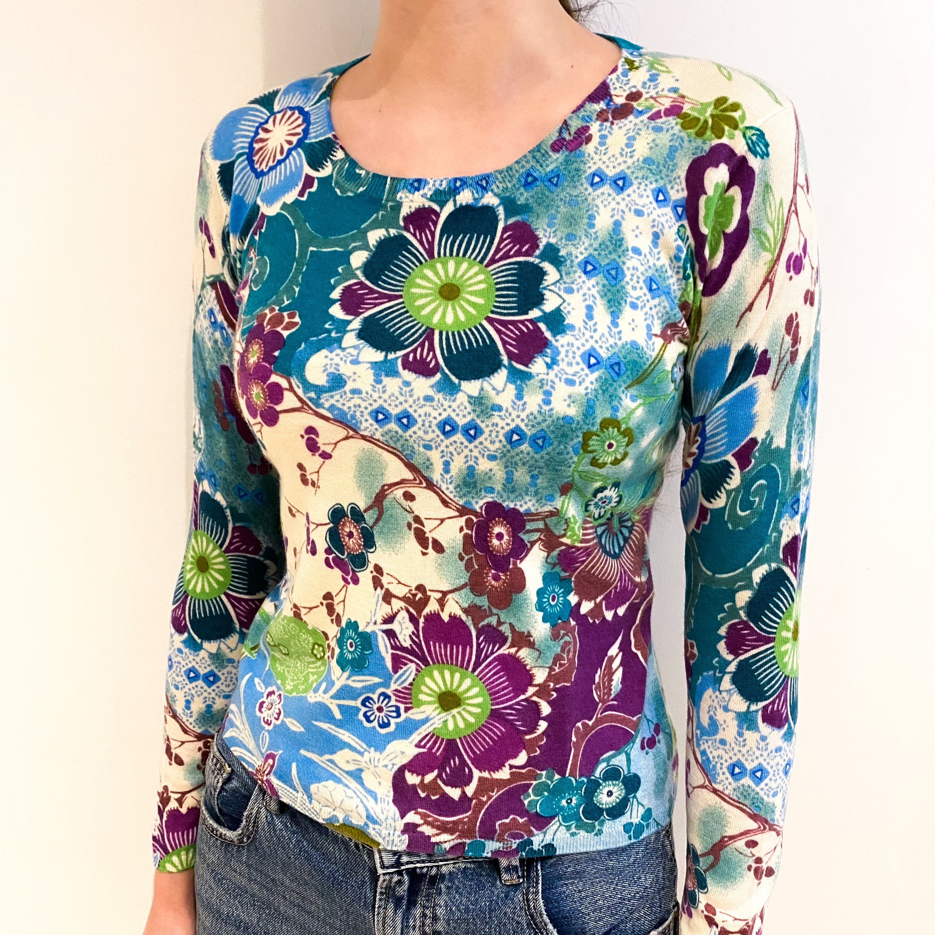 Teal and Violet Floral Cashmere Crew Neck Jumper Extra Small