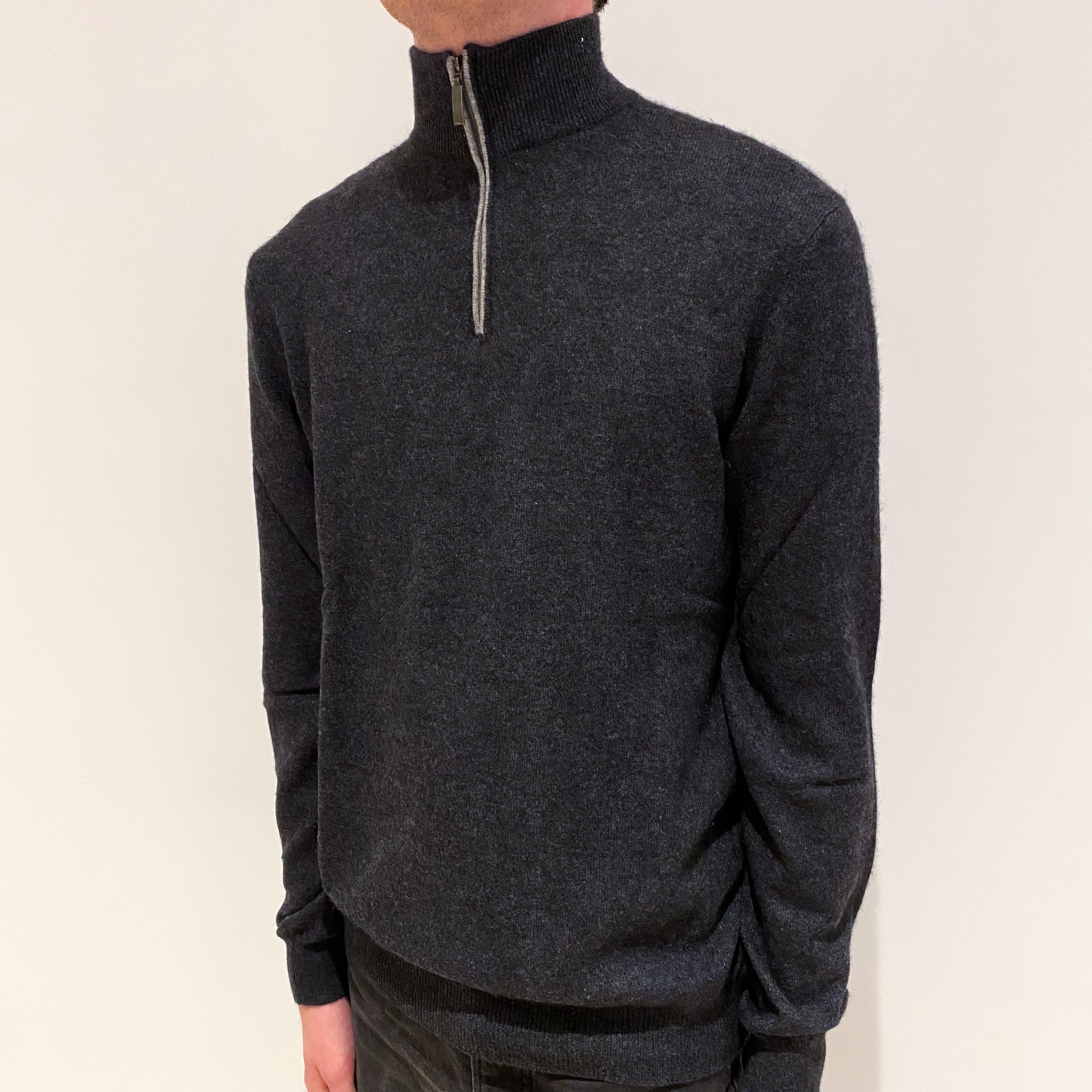 Men's Charcoal Grey Cashmere 1/4 Zip Jumper Small