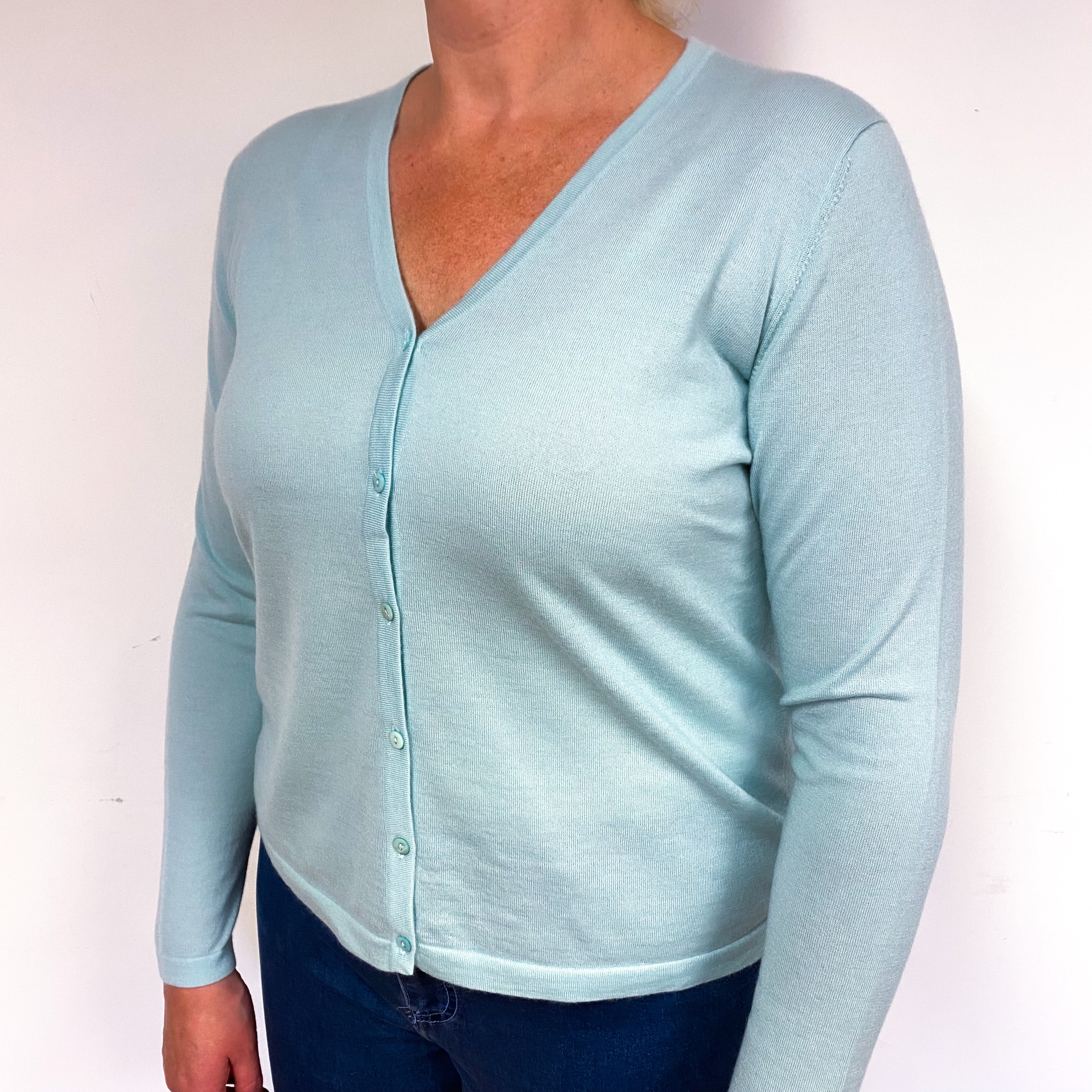 Mint Green Fine Knit Cashmere V-Neck Cardigan Large
