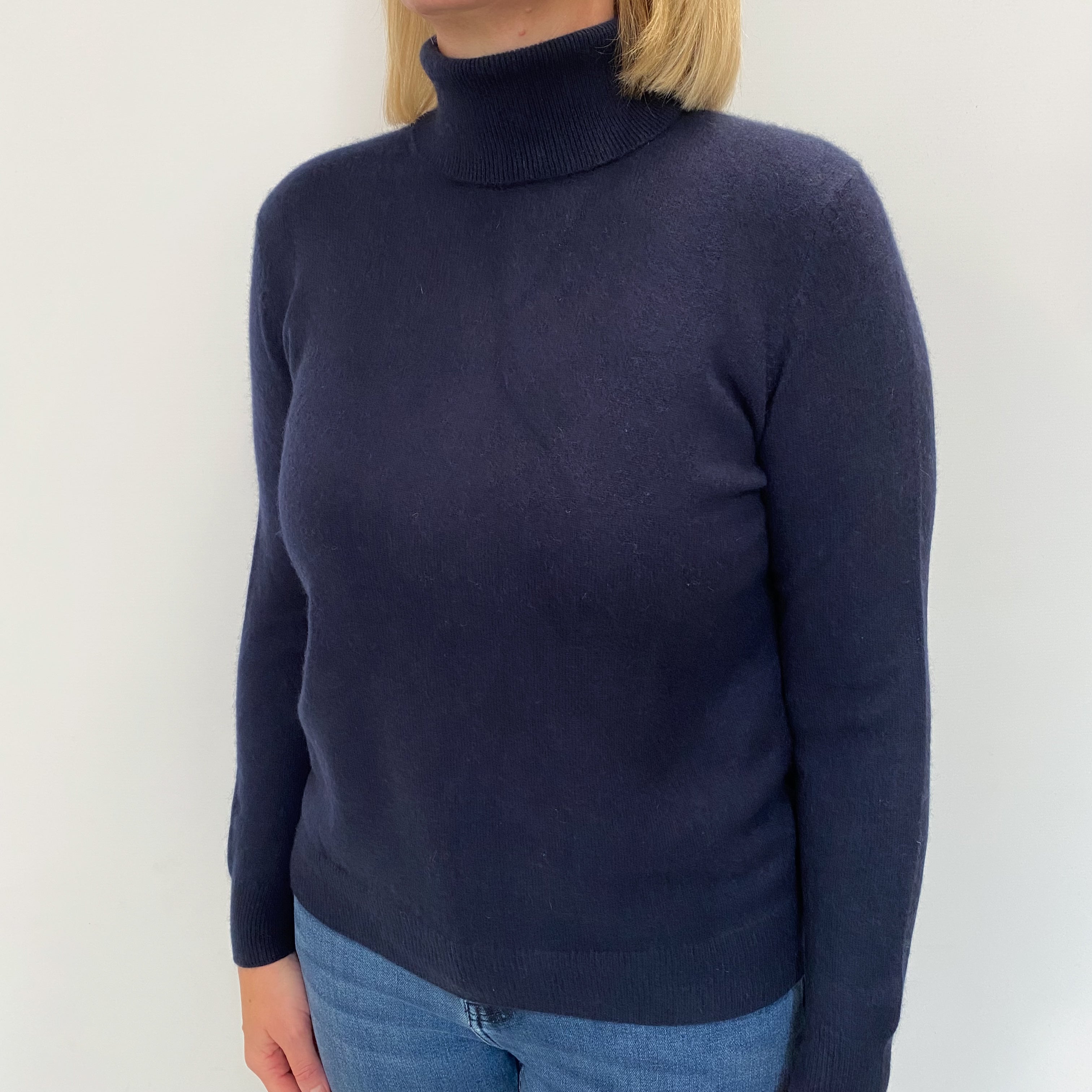 Navy Blue Cashmere Polo Neck Jumper Large