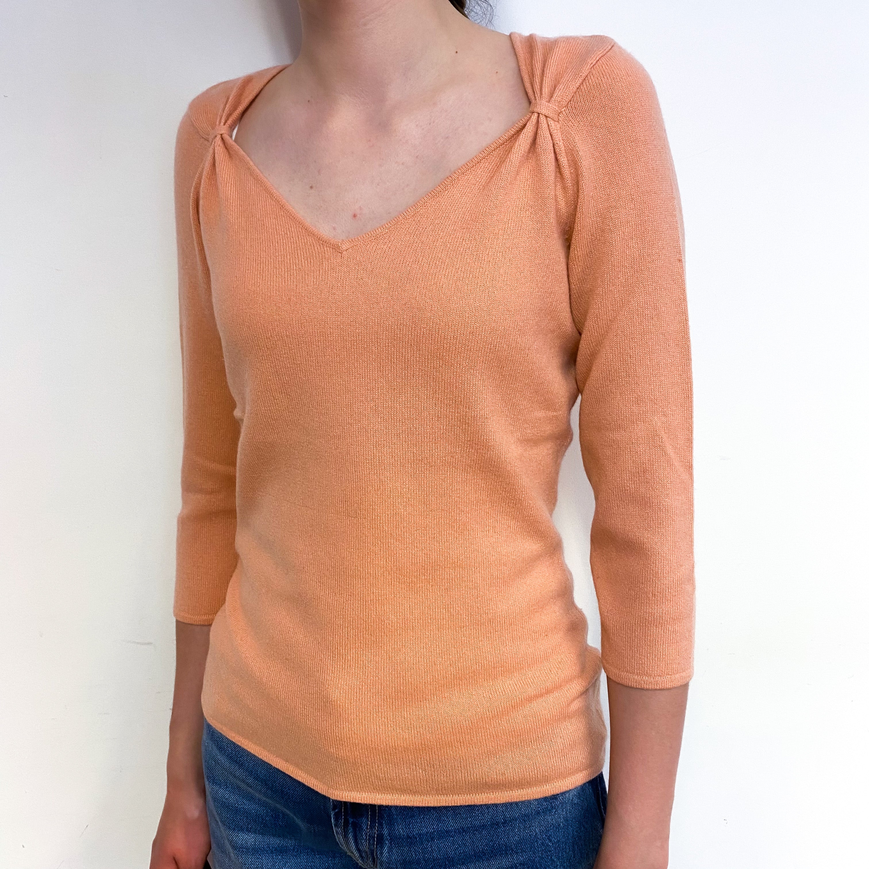 Peach Pink Cashmere Ruched V-Neck Jumper Extra Small