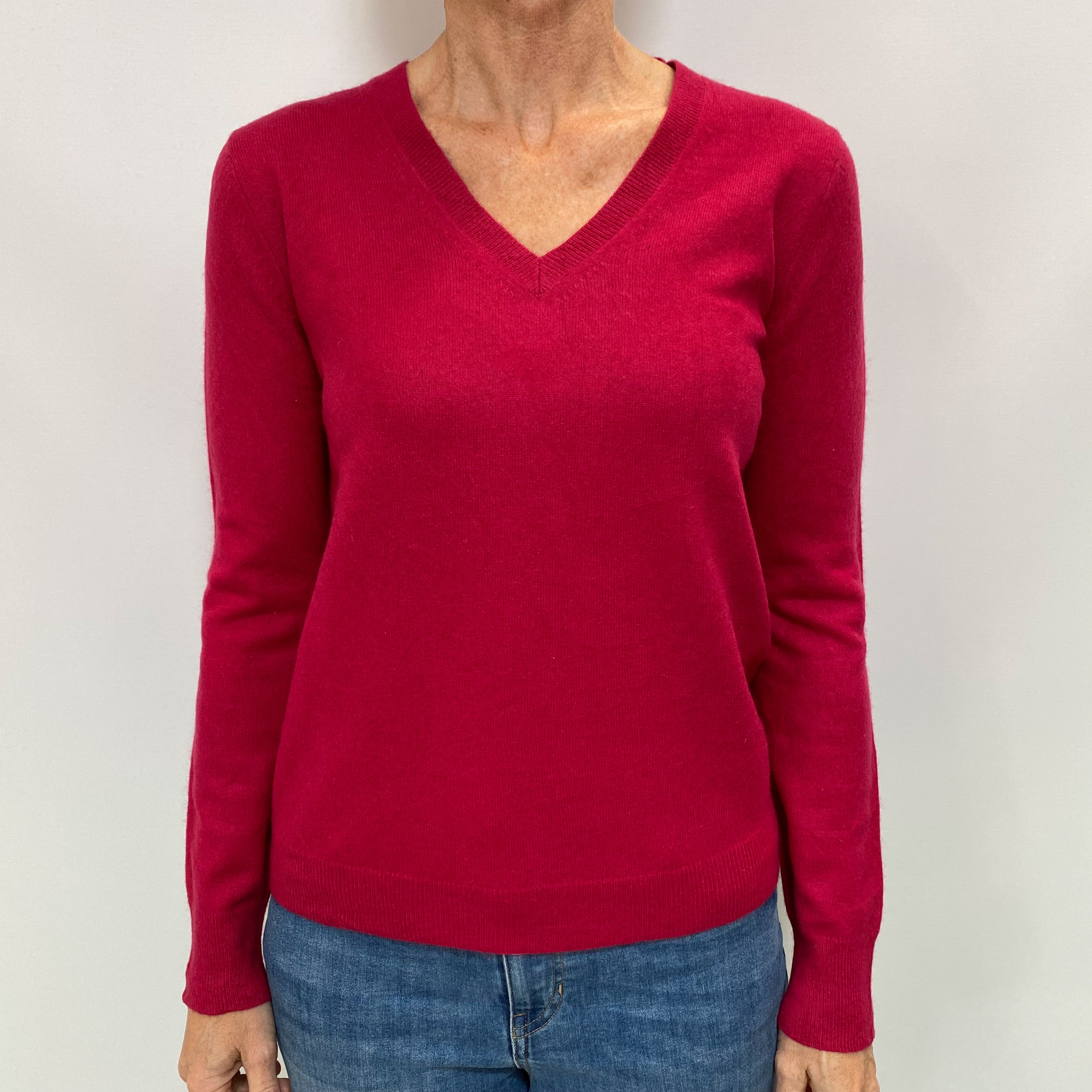 Cherry Red Cashmere V Neck Jumper Small