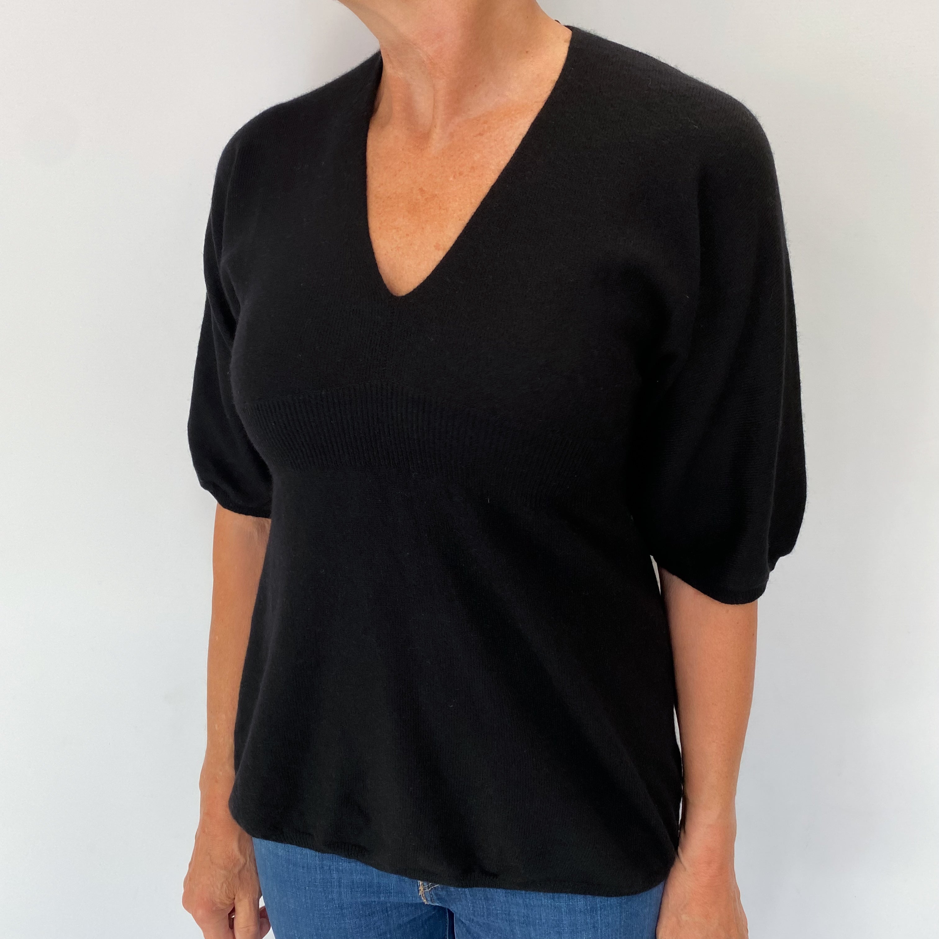 Black Cashmere 1/2 Sleeve V Neck Jumper Medium