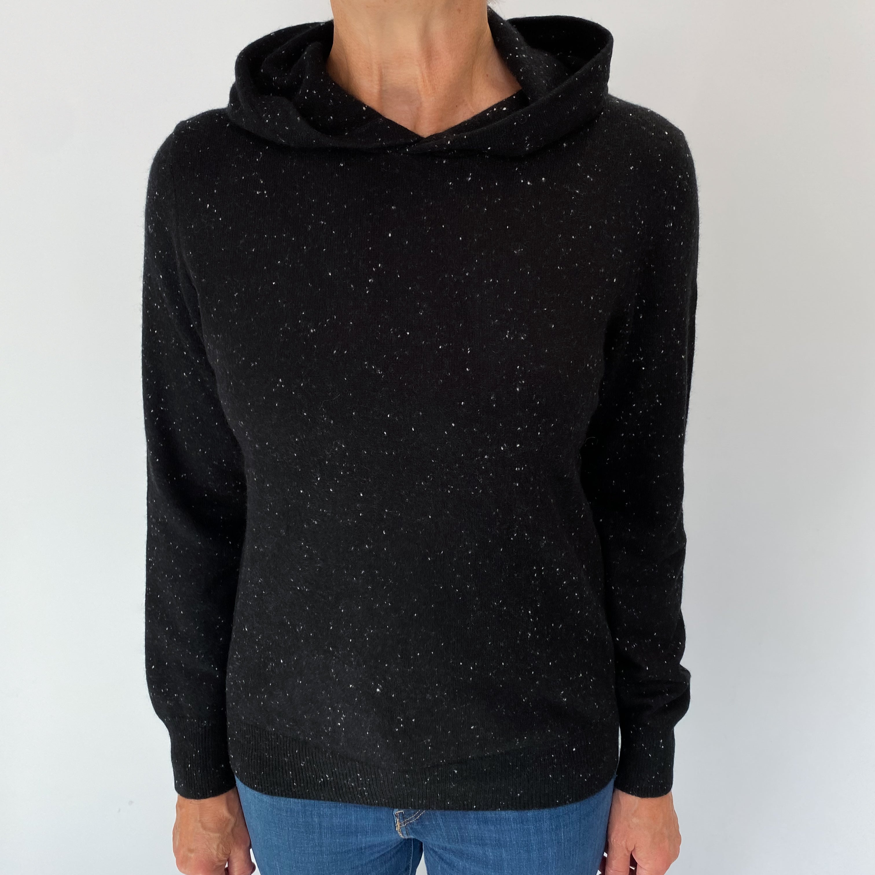 Black Flecked Cashmere Hoodie Jumper Medium