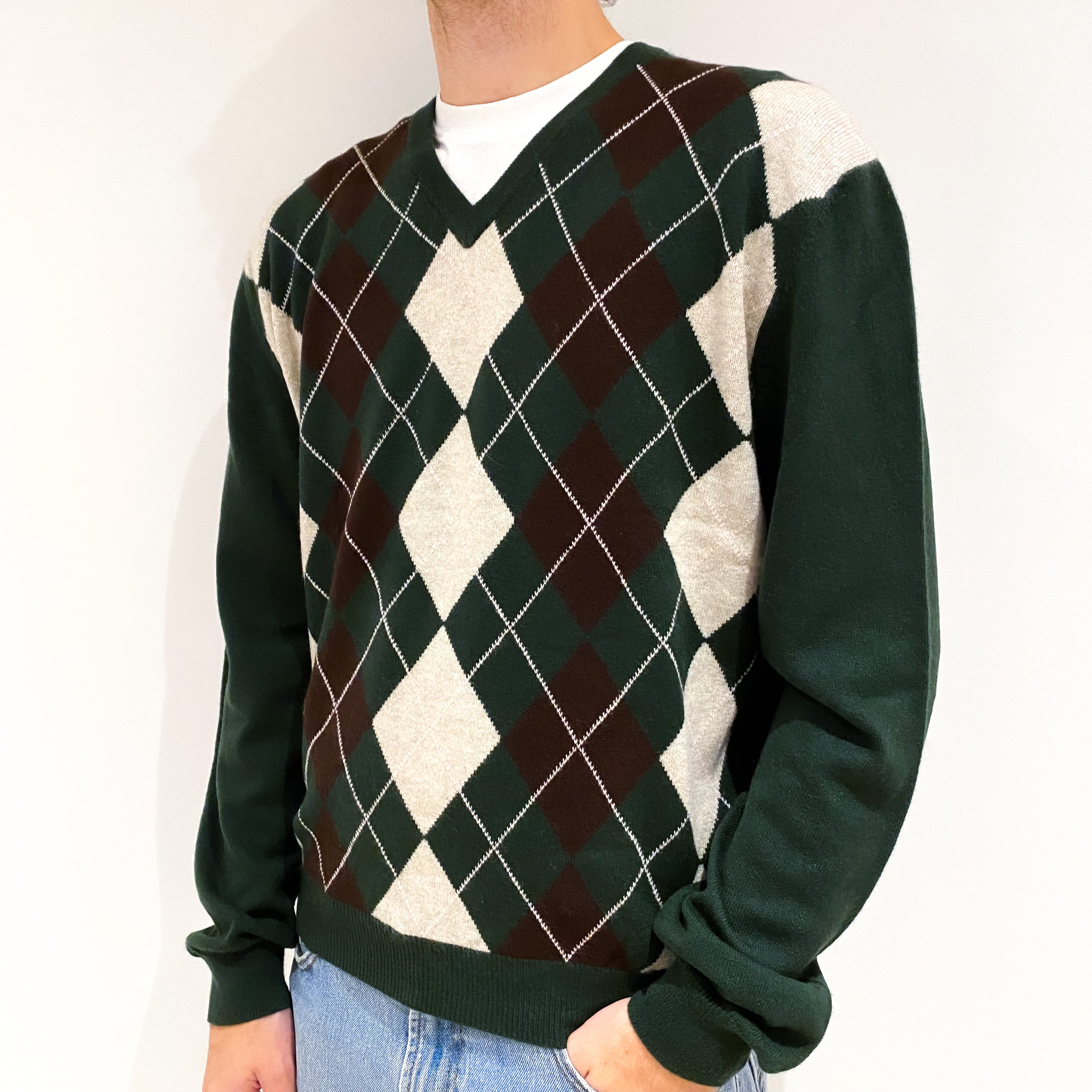 Men's Seaweed Green Argyle Patterned Cashmere V-Neck Jumper Large
