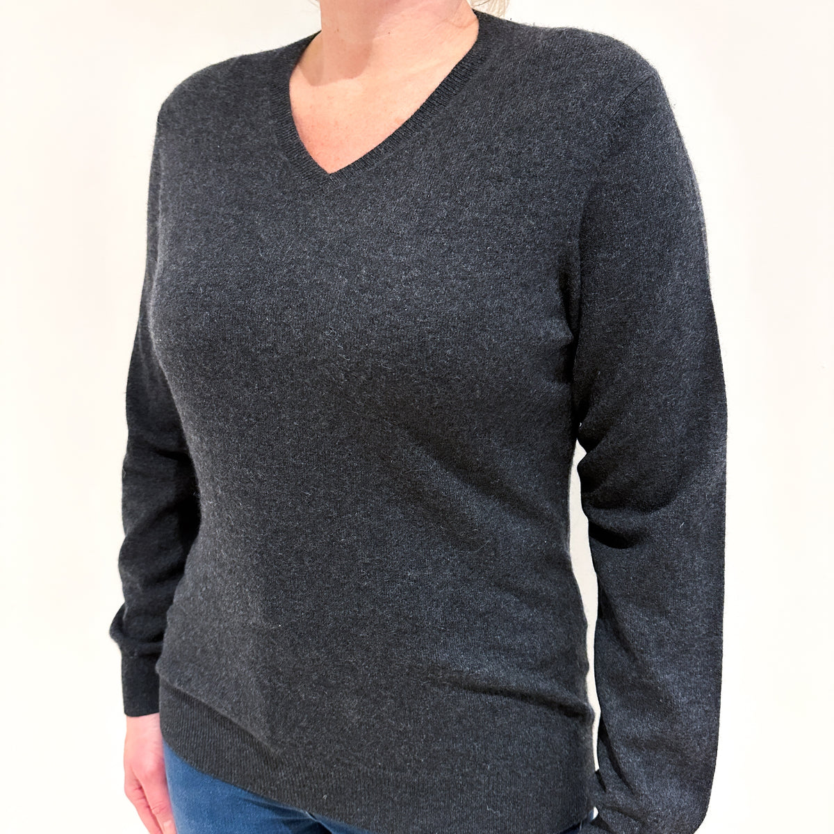 Slate Grey Cashmere V Neck Jumper Large