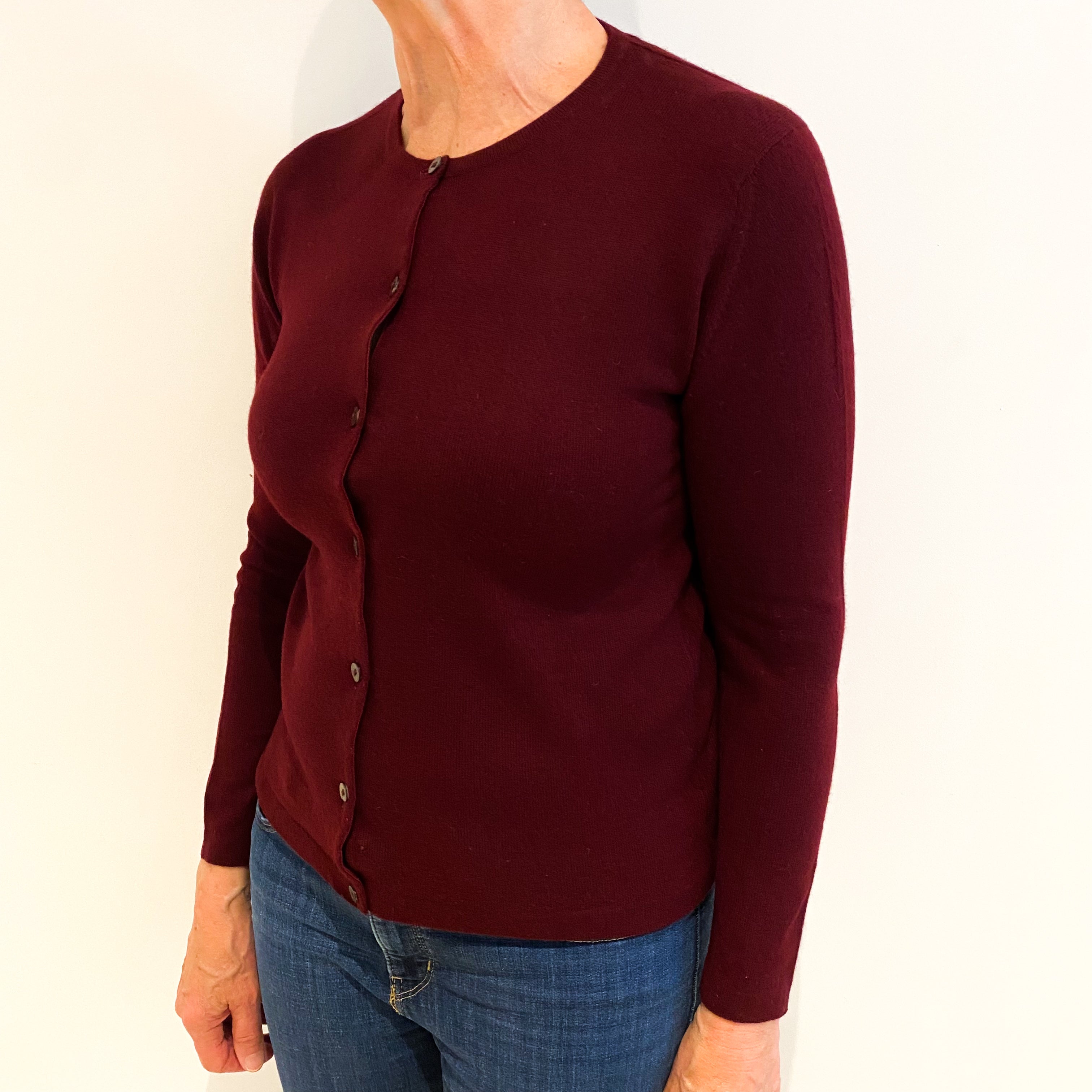 Scottish Johnstons Wine Red Cashmere Crew Neck Cardigan Medium