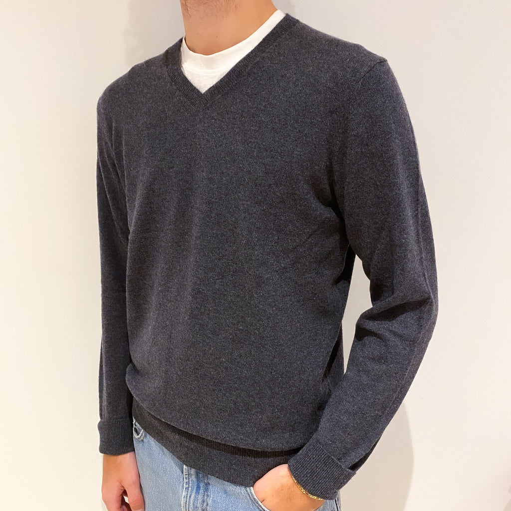 Men's Slate Grey Cashmere V-Neck Jumper Large