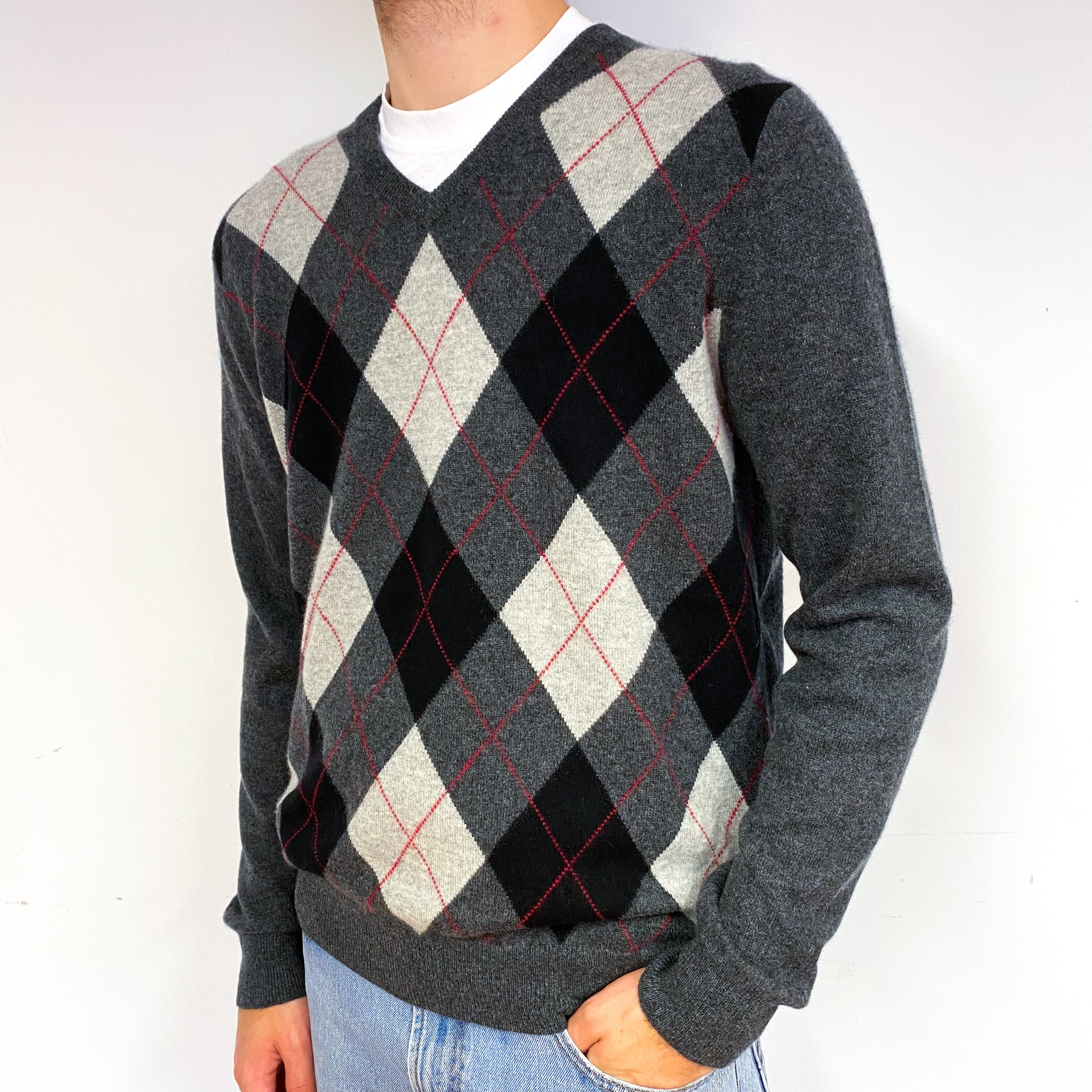 Men's Slate Grey Argyle Cashmere V-Neck Jumper Large